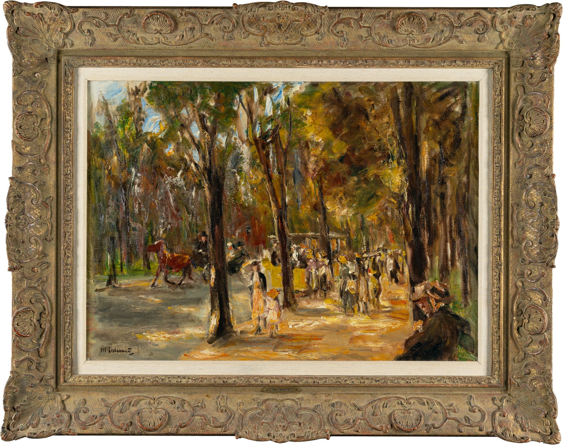 Max Liebermann, Tree-lined street in Tiergarten with figures walking, a hackney cab and a tram.Oil - Image 2 of 4