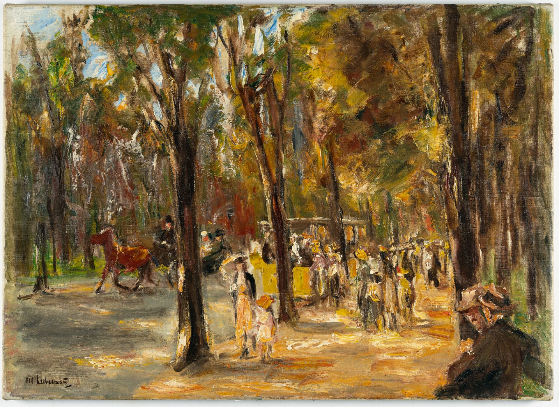 Max Liebermann, Tree-lined street in Tiergarten with figures walking, a hackney cab and a tram.Oil - Image 4 of 4
