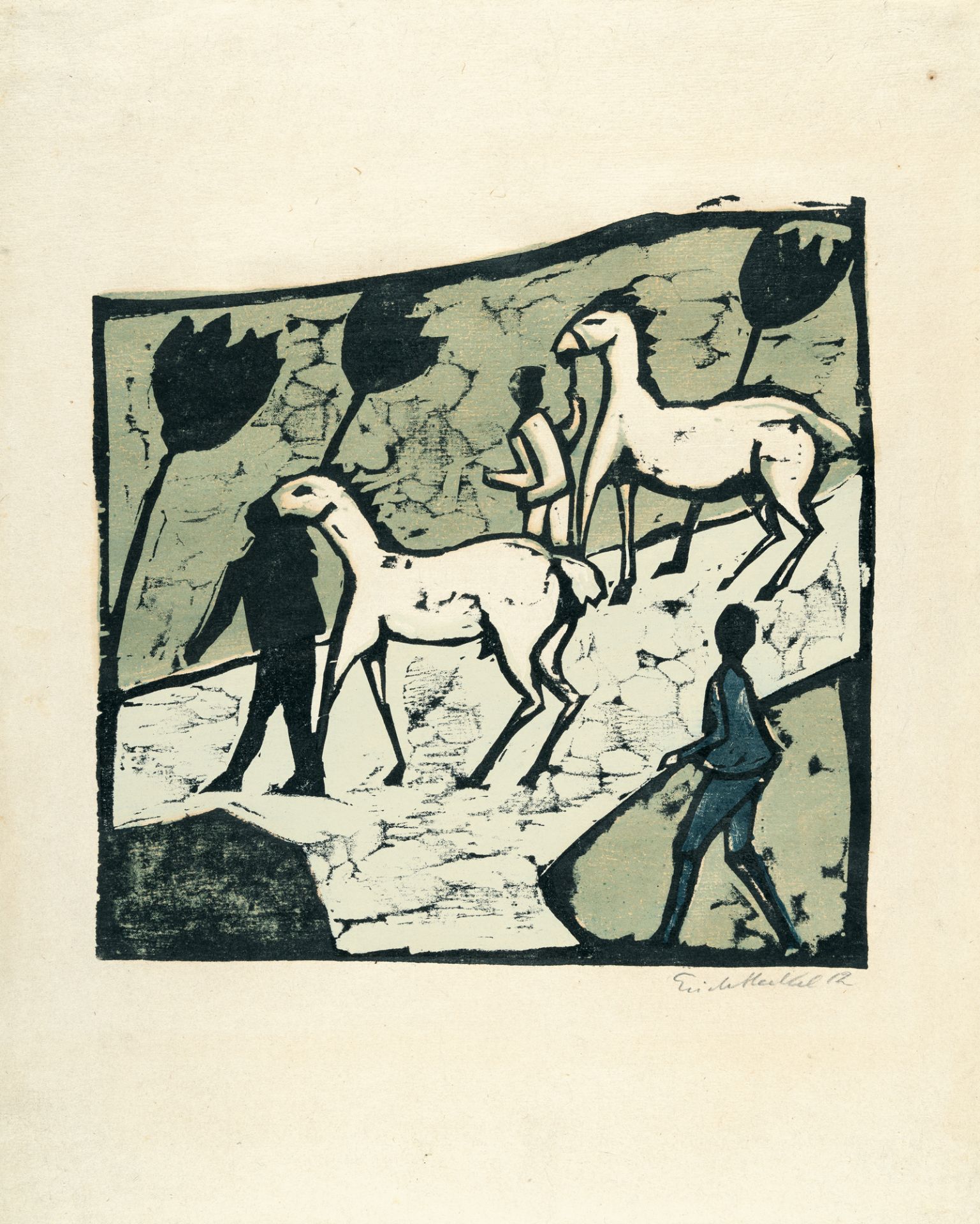 Erich Heckel, White horses.Woodcut in colours on cream blotting paper. (19)12. Ca. 31 x 31 cm (sheet