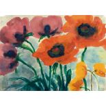 Emil Nolde, Red and yellow poppies.Watercolour on Japon. (Around 1935-1945). Ca. 34 x 47.5 cm.