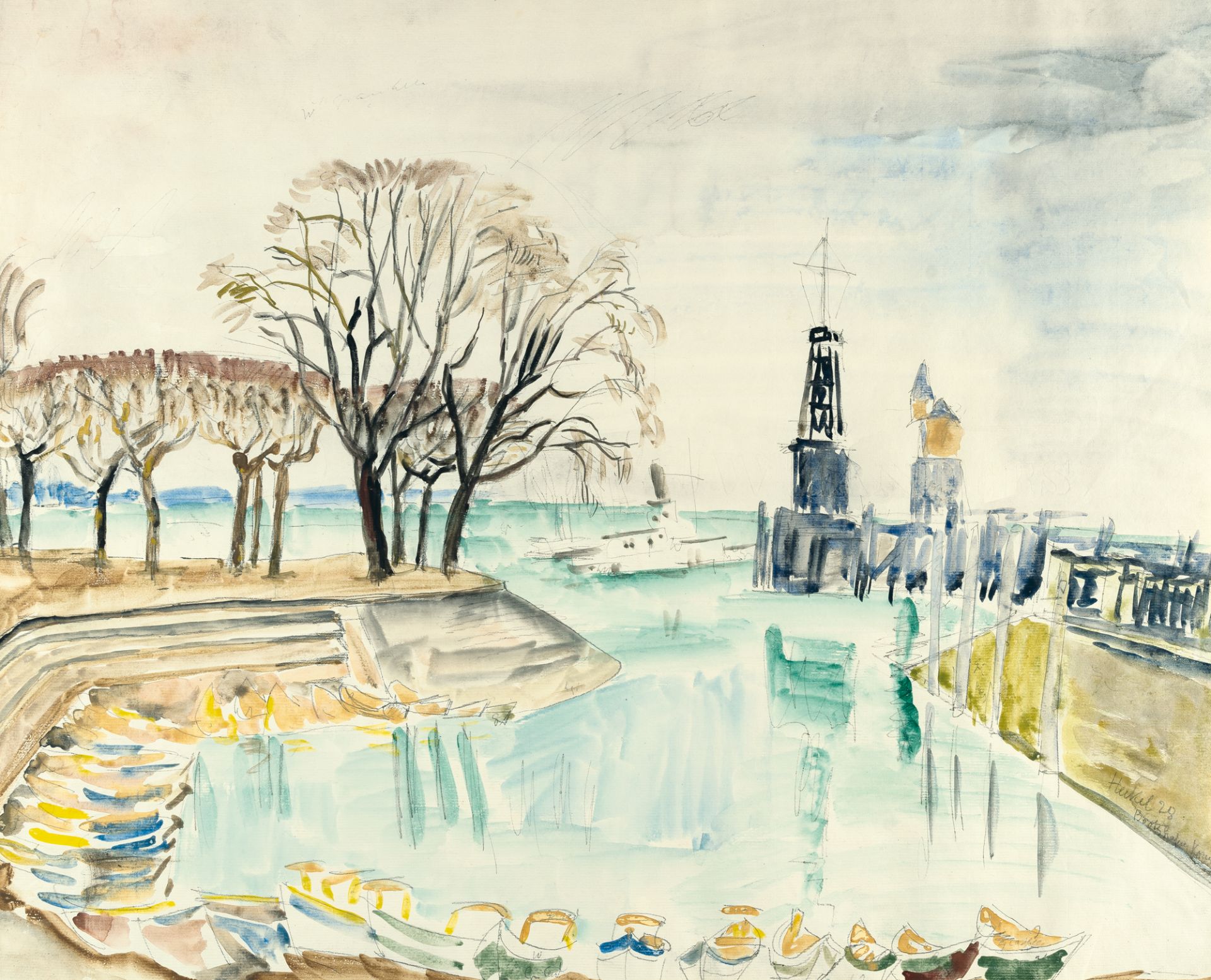 Erich Heckel, „Bootshafen Konstanz“ (Boat harbour at Constance).Watercolour, gouache and pencil on