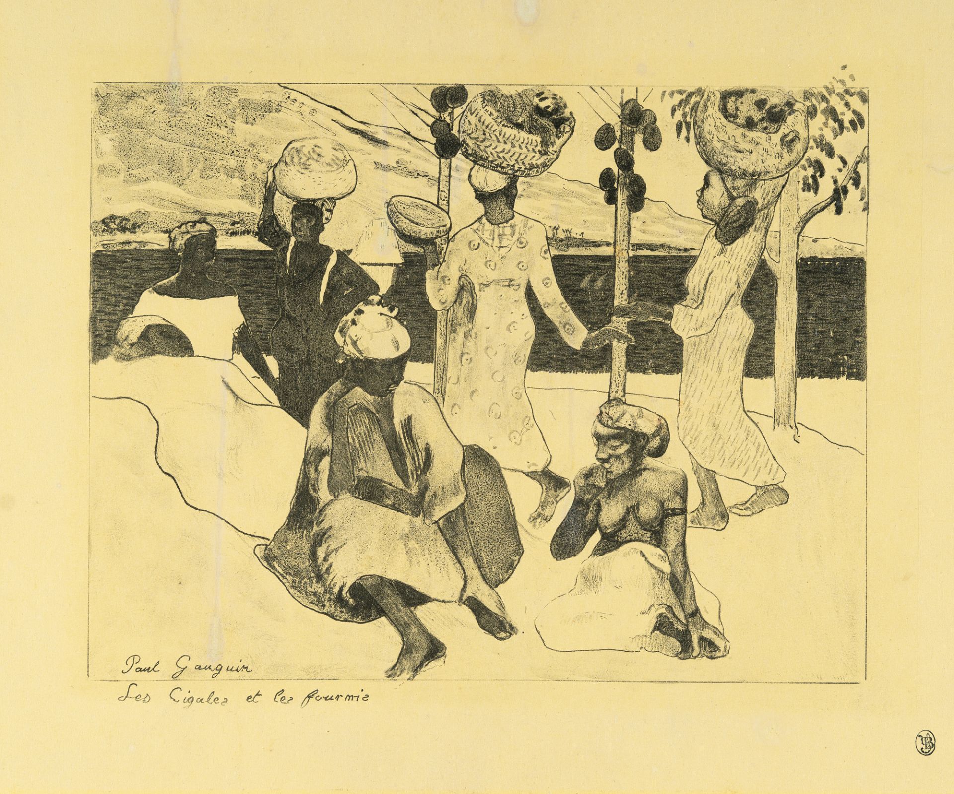 Paul Gauguin, Les Cigales et les fourmis.Zincography on yellow wove. (1889). Ca. 21 x 26 cm (sheet