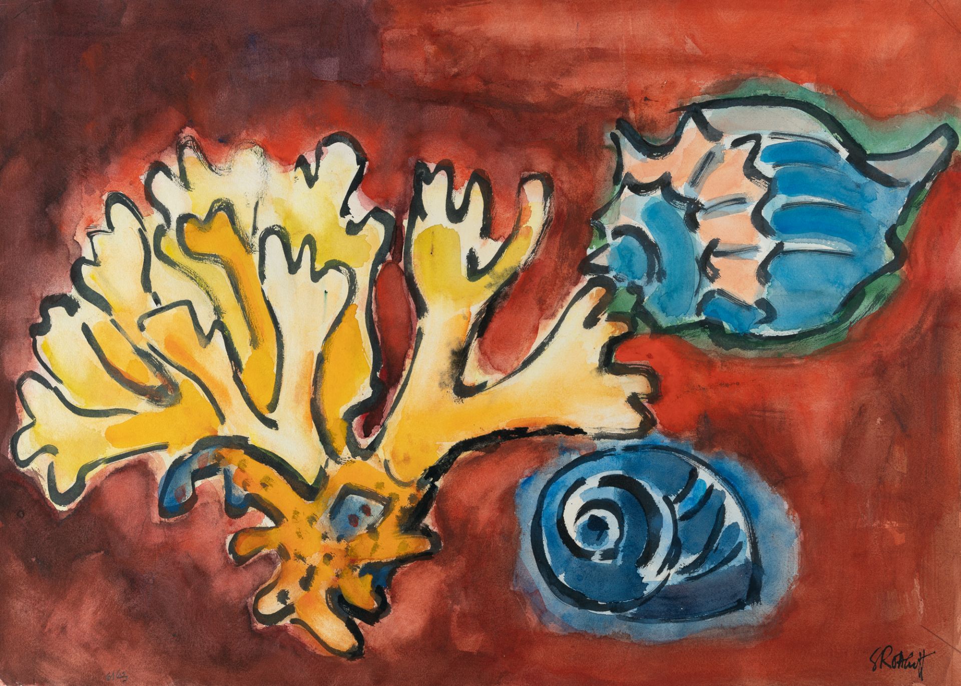 Karl Schmidt-Rottluff, Koralle und Schneckenhäuser“ (Corals and snail shells").Watercolour and brush