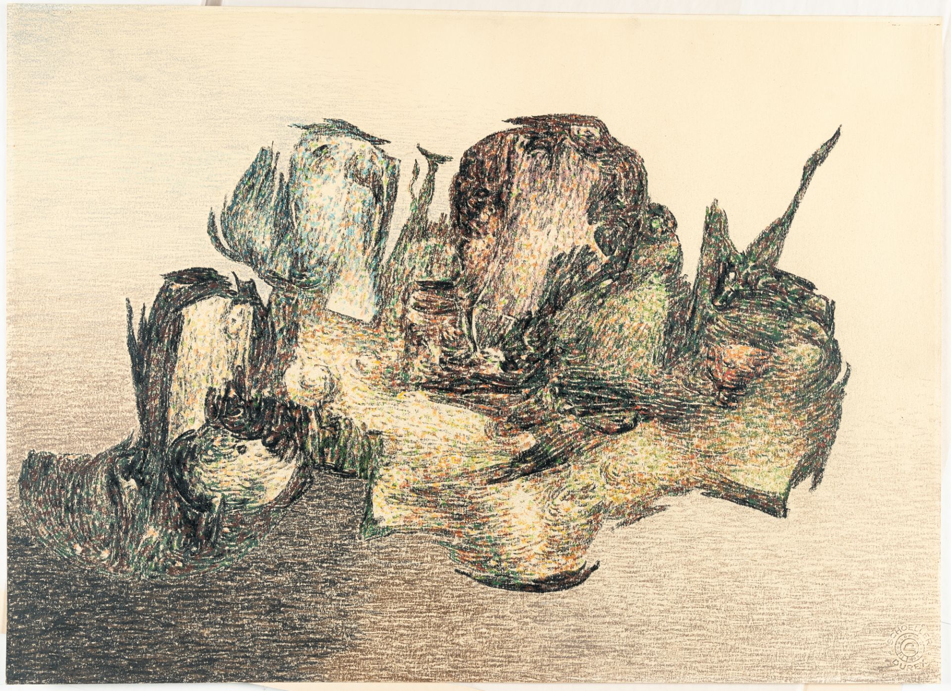 Richard Oelze, Drawing.Oil pastel on fine wove cardboard by Schoeller Durex. (Around 1968). Ca. 45 x - Image 2 of 3