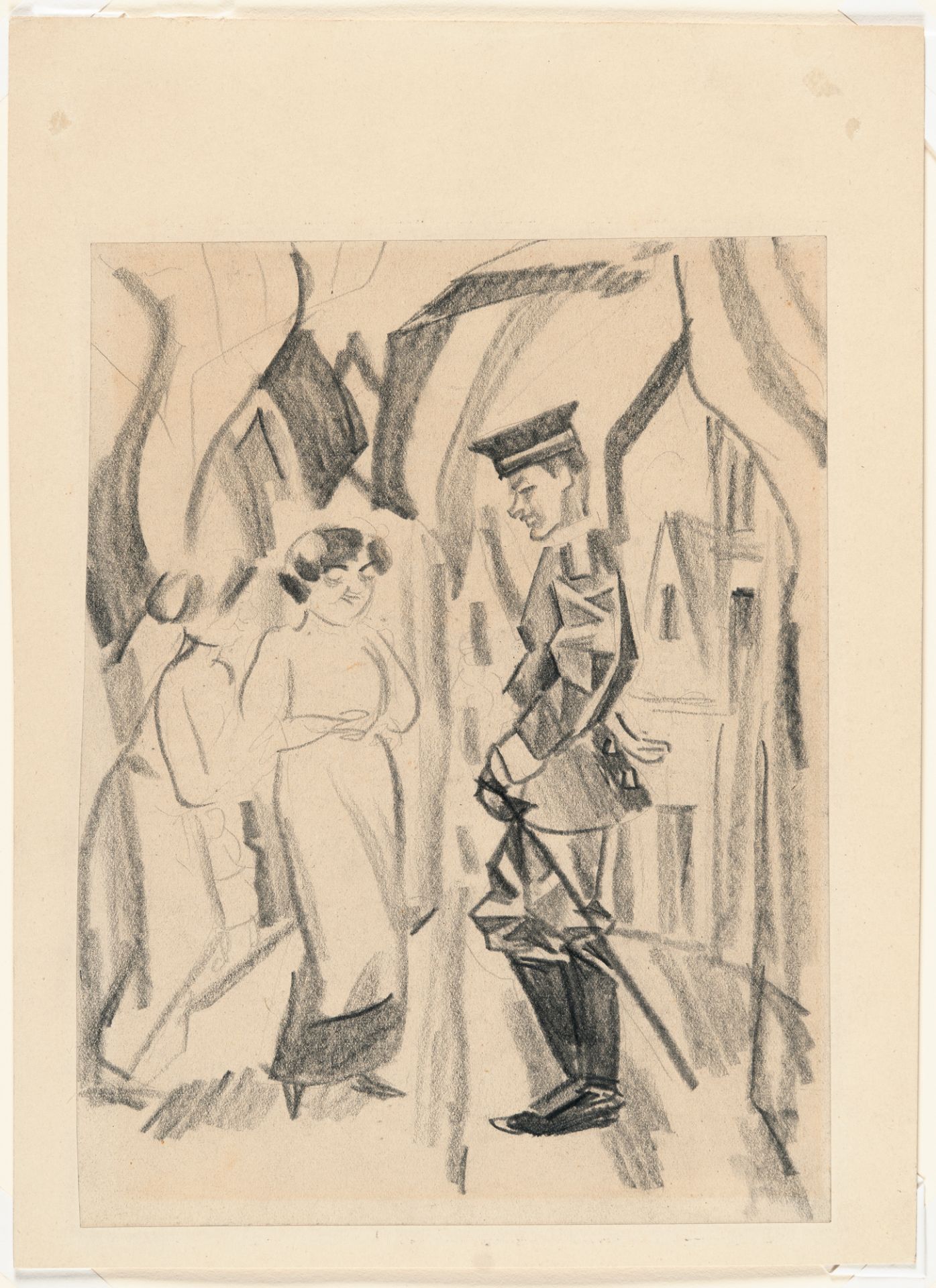 August Macke, Soldier and a girl.Pencil on fine drawing paper, laid down on thin cardboard. ( - Image 2 of 4
