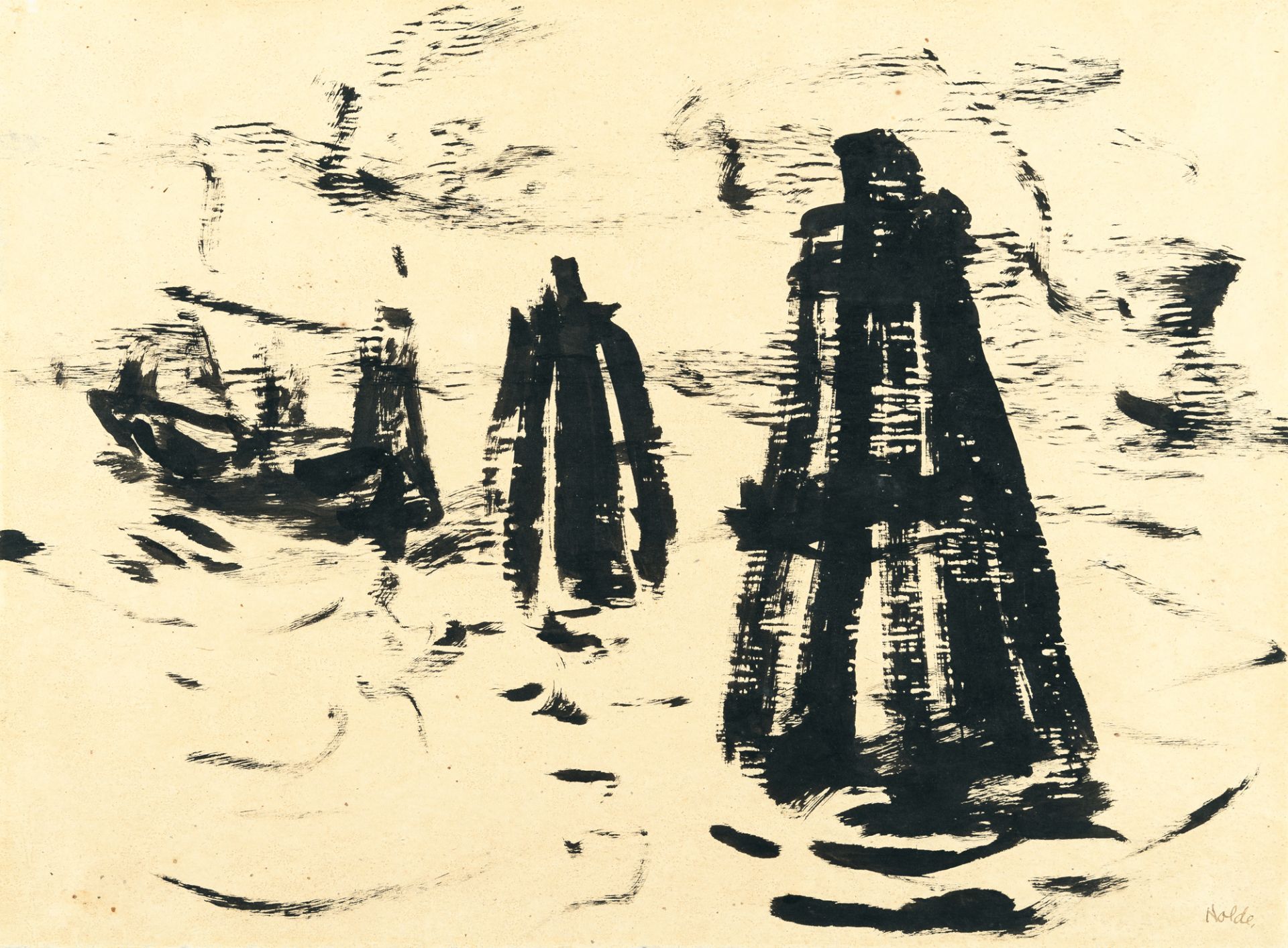 Emil Nolde, Hamburg harbour, tugs and piles.Indian ink on cream Japon. (Ca. 1910). Ca. 32 x 43.5 cm.