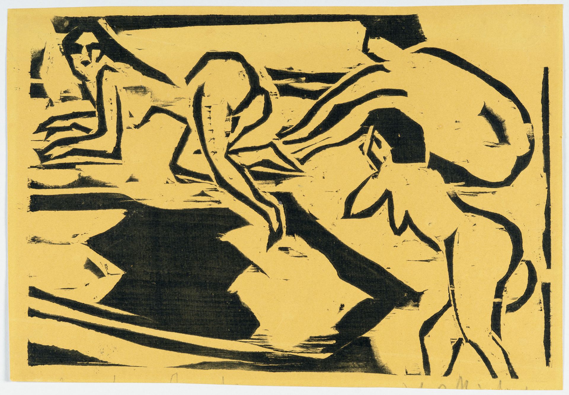 Ernst Ludwig Kirchner, Nudes on a carpet.Woodcut on yellow wove. (1910). Ca. 21.5 x 32.5 cm (sheet - Image 2 of 5