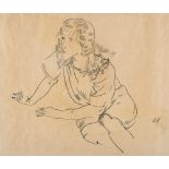 Oskar Kokoschka, Seated woman, resting on her hands.Chalk on brownish wove. (1913). Ca. 31.5 cm x