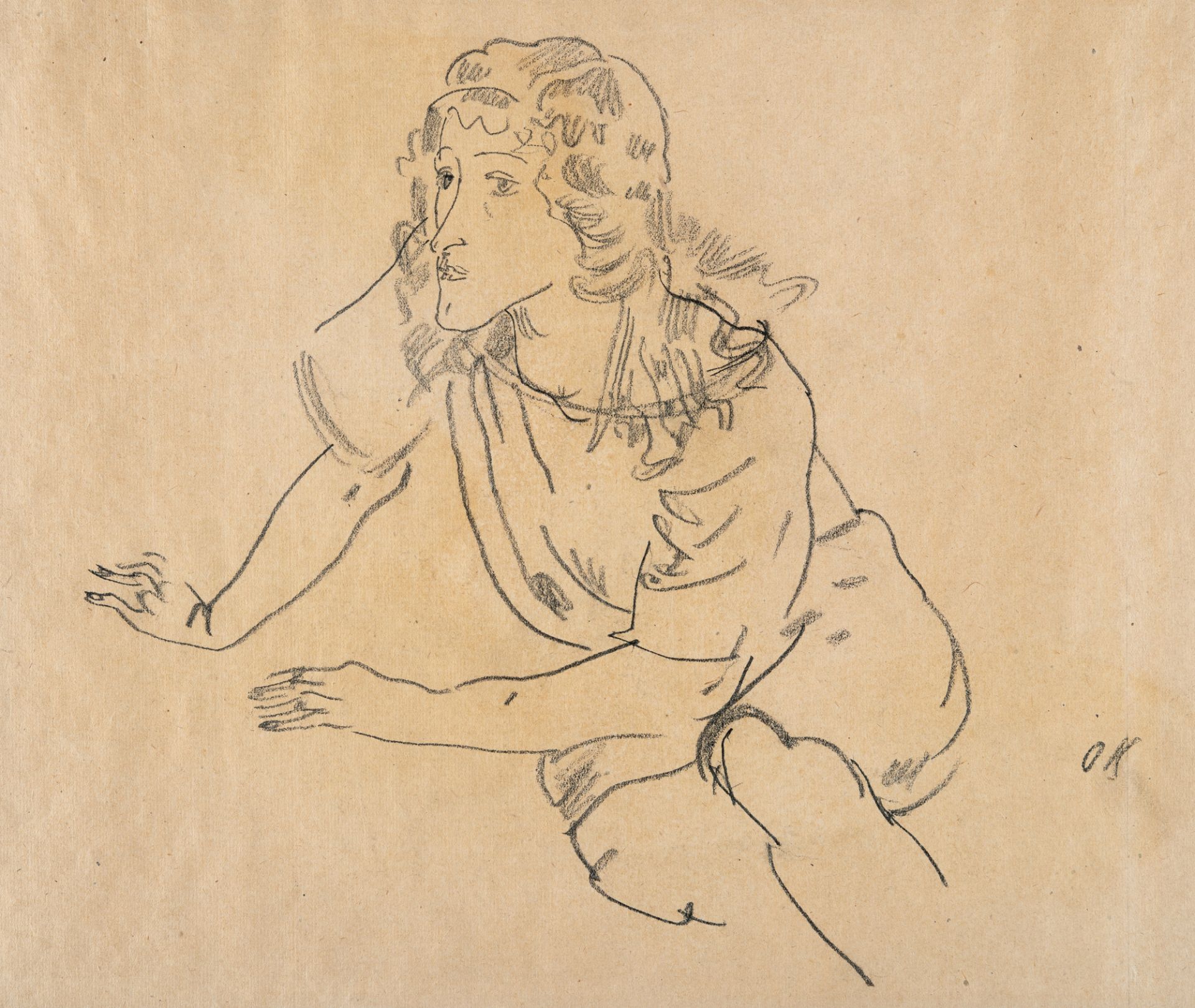 Oskar Kokoschka, Seated woman, resting on her hands.Chalk on brownish wove. (1913). Ca. 31.5 cm x