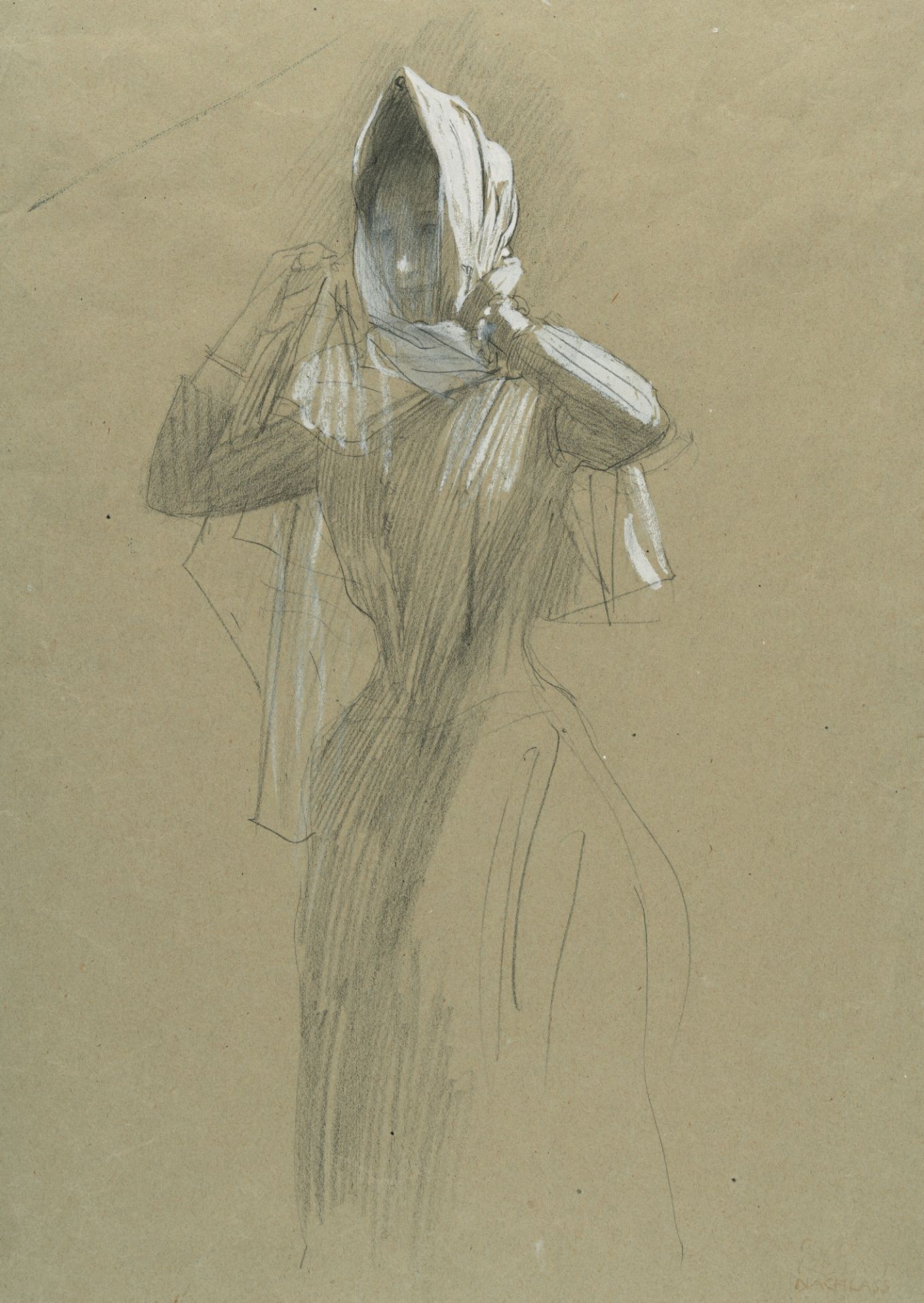 Gustav Klimt, Young woman standing, tying a headscarf.Black chalk, highlighted in white, on