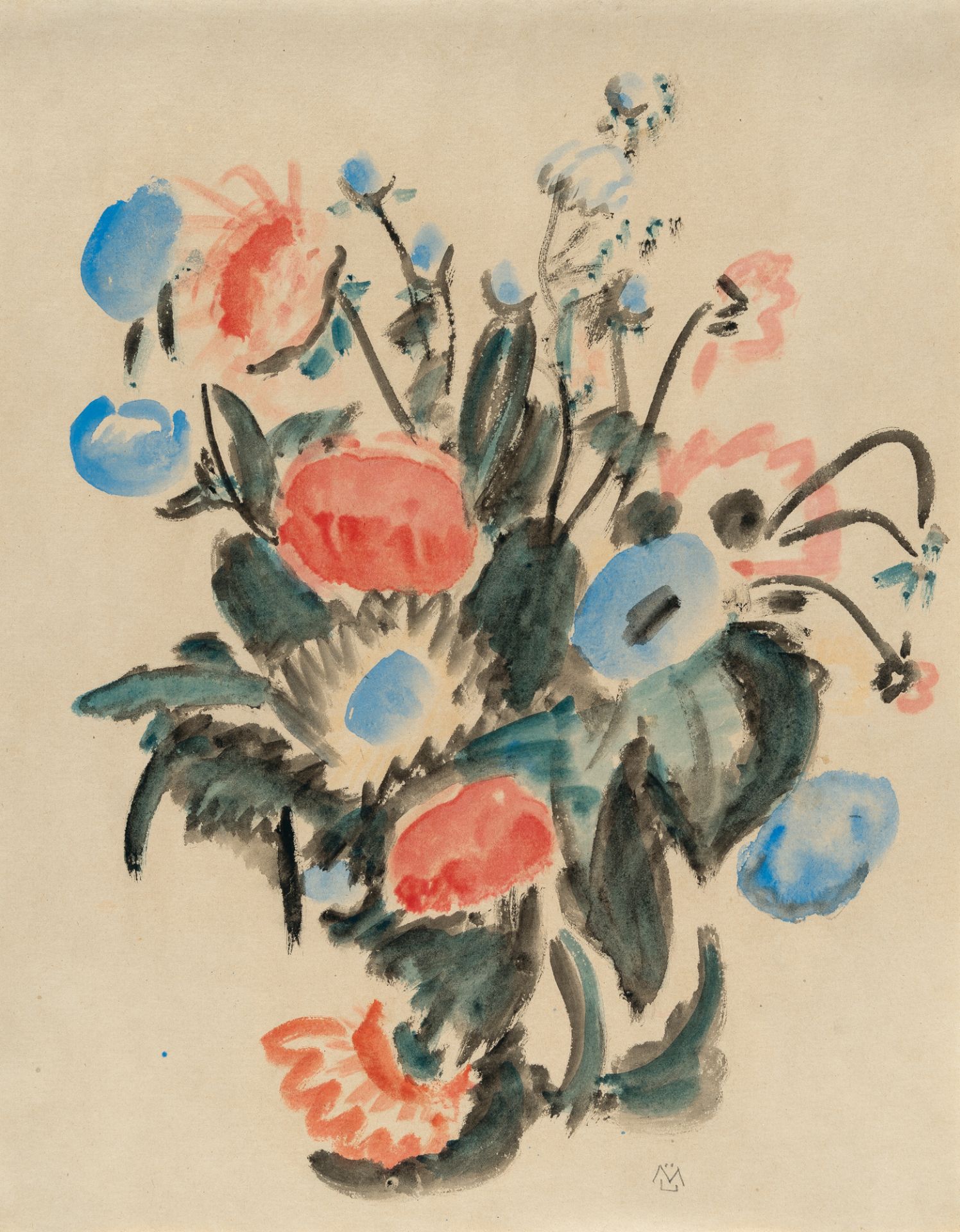 Gabriele Münter, Flower still life.Watercolour on brownish drawing paper. (Presumably 1940s/50s).