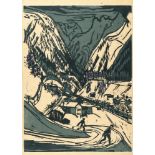 Ernst Ludwig Kirchner, Mountain landscape with skiiers.Woodcut in colours on Japon. (1936). Ca. 50 x