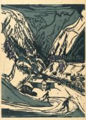Ernst Ludwig Kirchner (1880 Aschaffenburg - Frauenkirch/Davos 1938) – Berglandschaft mit Skiläufern