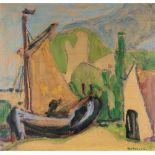 Adolf Hölzel, Sailing boats in the harbour at Knokke.Oil over charcoal on cardboard, partially