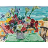 Arnold Balwé, „Strauss am Balkon (überm Meer)“ (Bouquet on a balcony (over the sea).Oil on