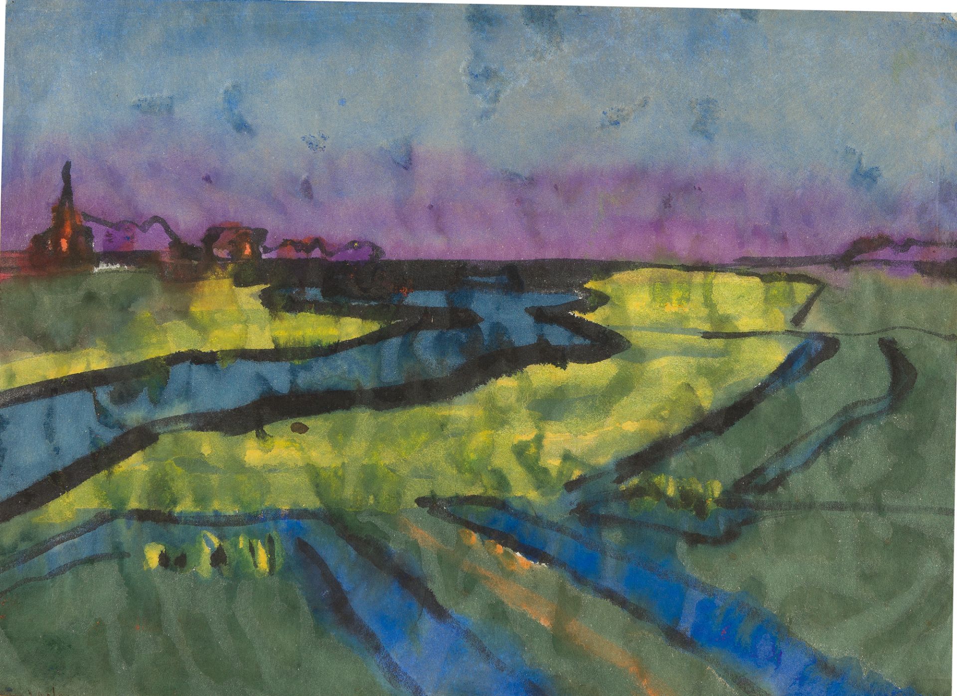 Emil Nolde, Marsh landscape.Watercolour and Indian ink on Japanese laid paper. (Around 1920/22). Ca. - Image 2 of 2
