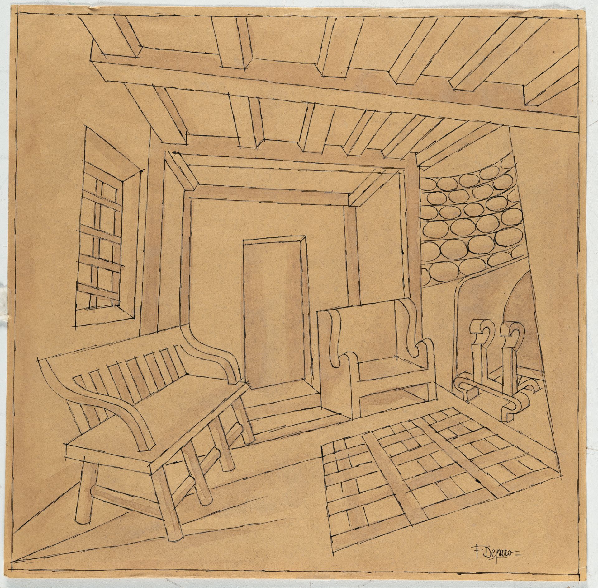 Fortunato Depero, Interno.Indian ink and watercolour on brownish wove. (Ca. 1940). Ca. 34 x 34 cm. - Image 2 of 5