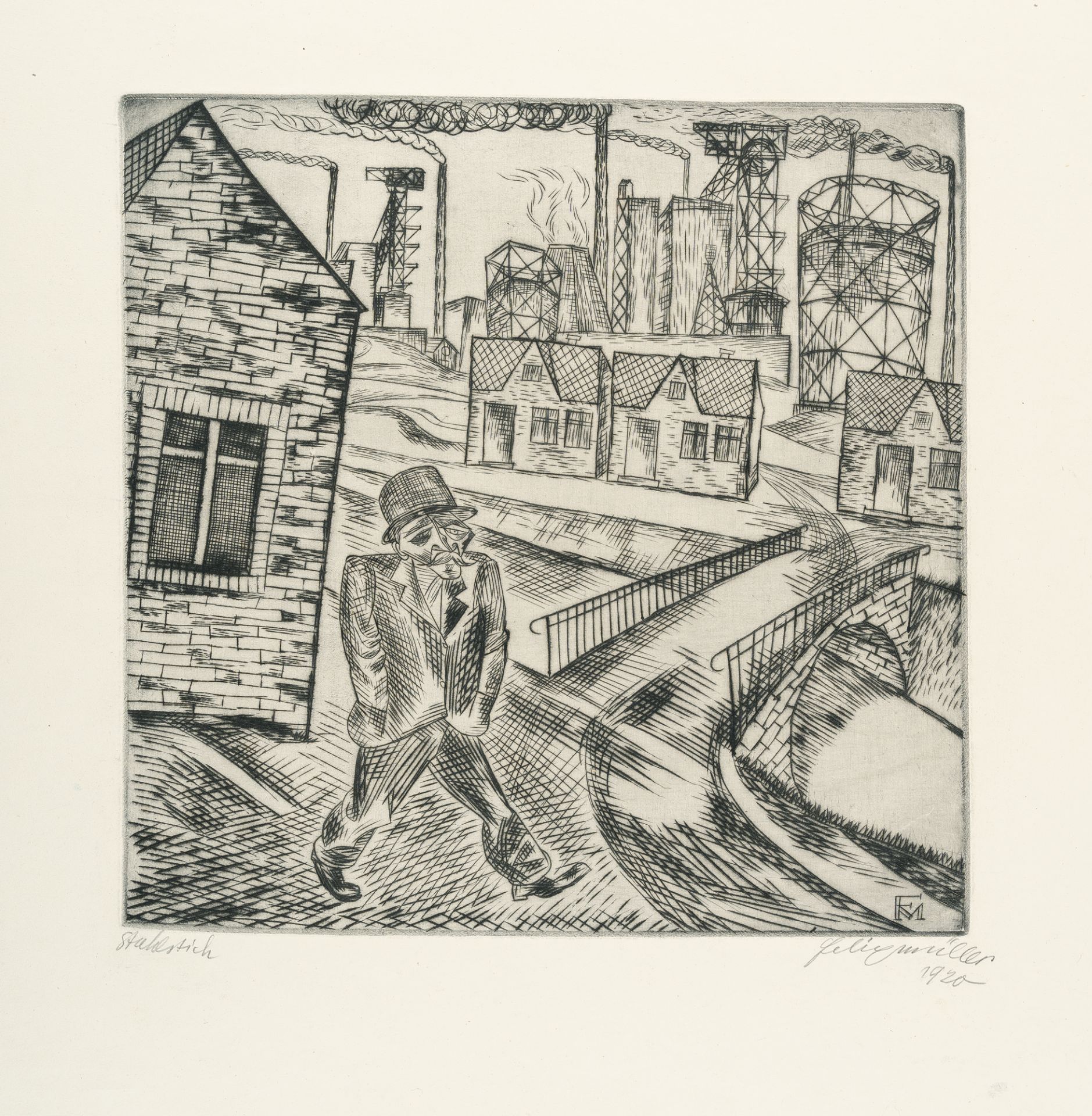 Conrad Felixmüller, „Ruhrkohlerevier“ (Coal quarry in the Ruhr).Etching on firm wove. 1920. Ca. 34 x