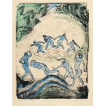 Hermann Max Pechstein, The dance (Figures dancing and bathing by a forest pool).Hand coloured