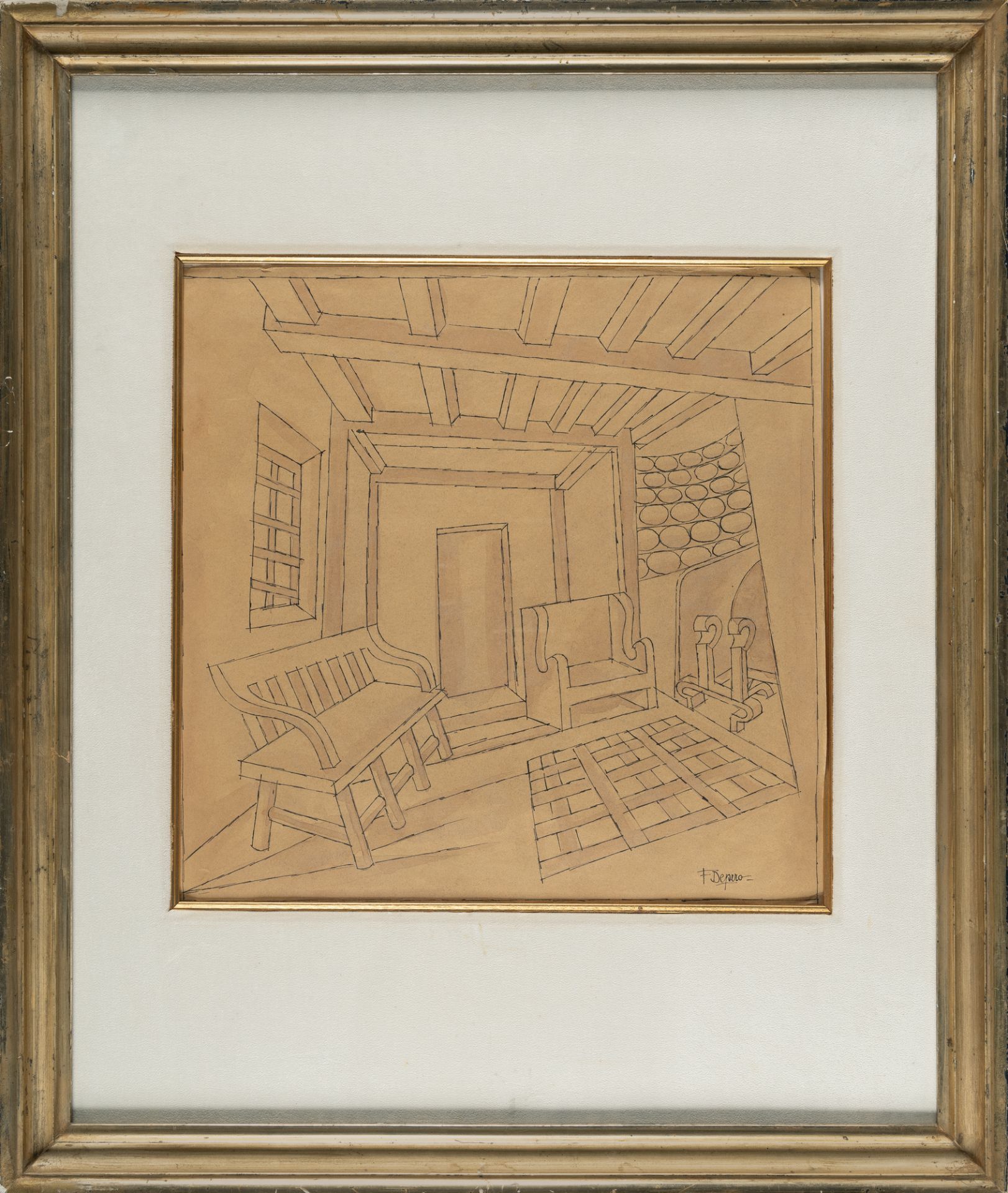 Fortunato Depero, Interno.Indian ink and watercolour on brownish wove. (Ca. 1940). Ca. 34 x 34 cm. - Image 4 of 5