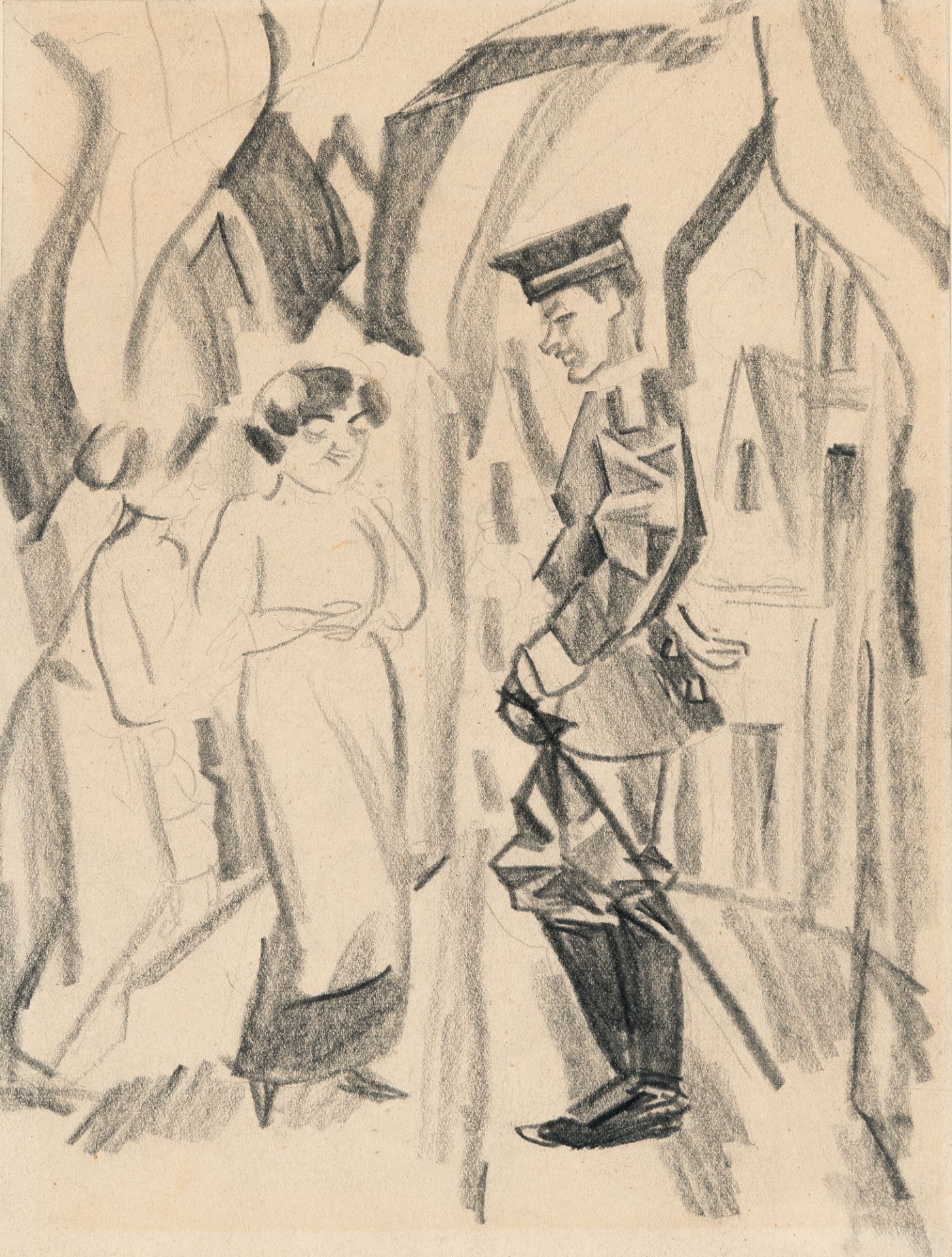 August Macke, Soldier and a girl.Pencil on fine drawing paper, laid down on thin cardboard. (