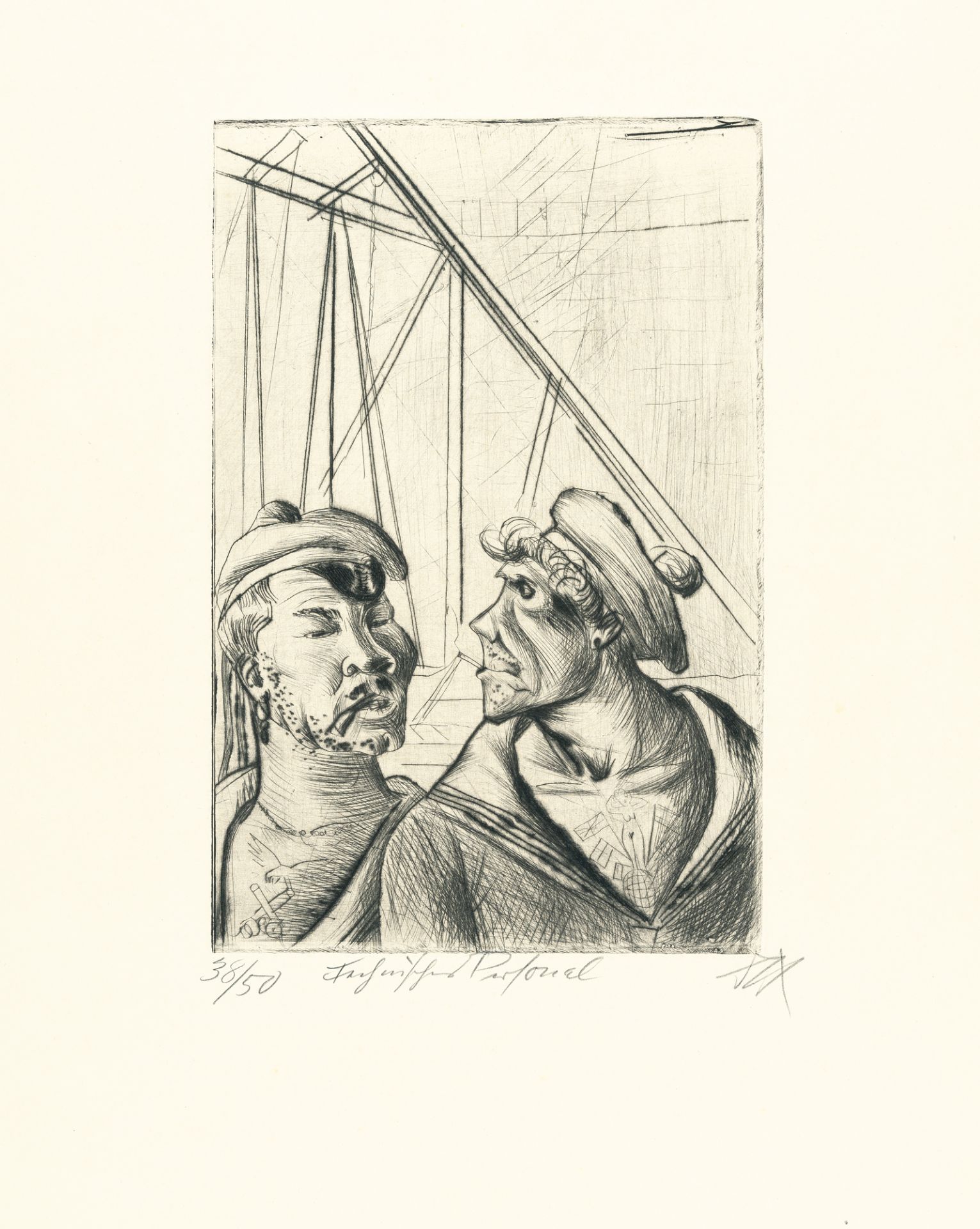 Otto Dix, „Technisches Personal“ (Technical personnel).Etching with drypoint on cream wove. (