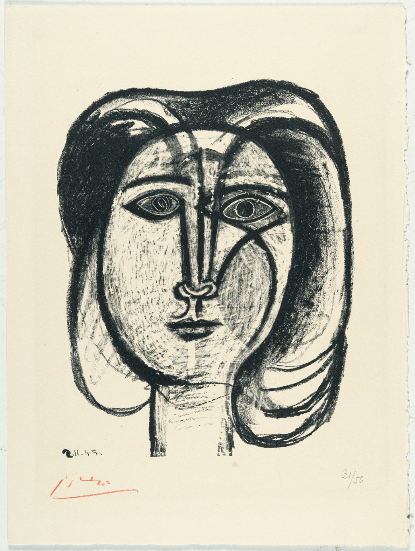 Pablo Picasso, Tête de femme.Lithograph on cream wove by Arches. (1945). Ca. 31 x 24 cm (sheet - Image 2 of 3