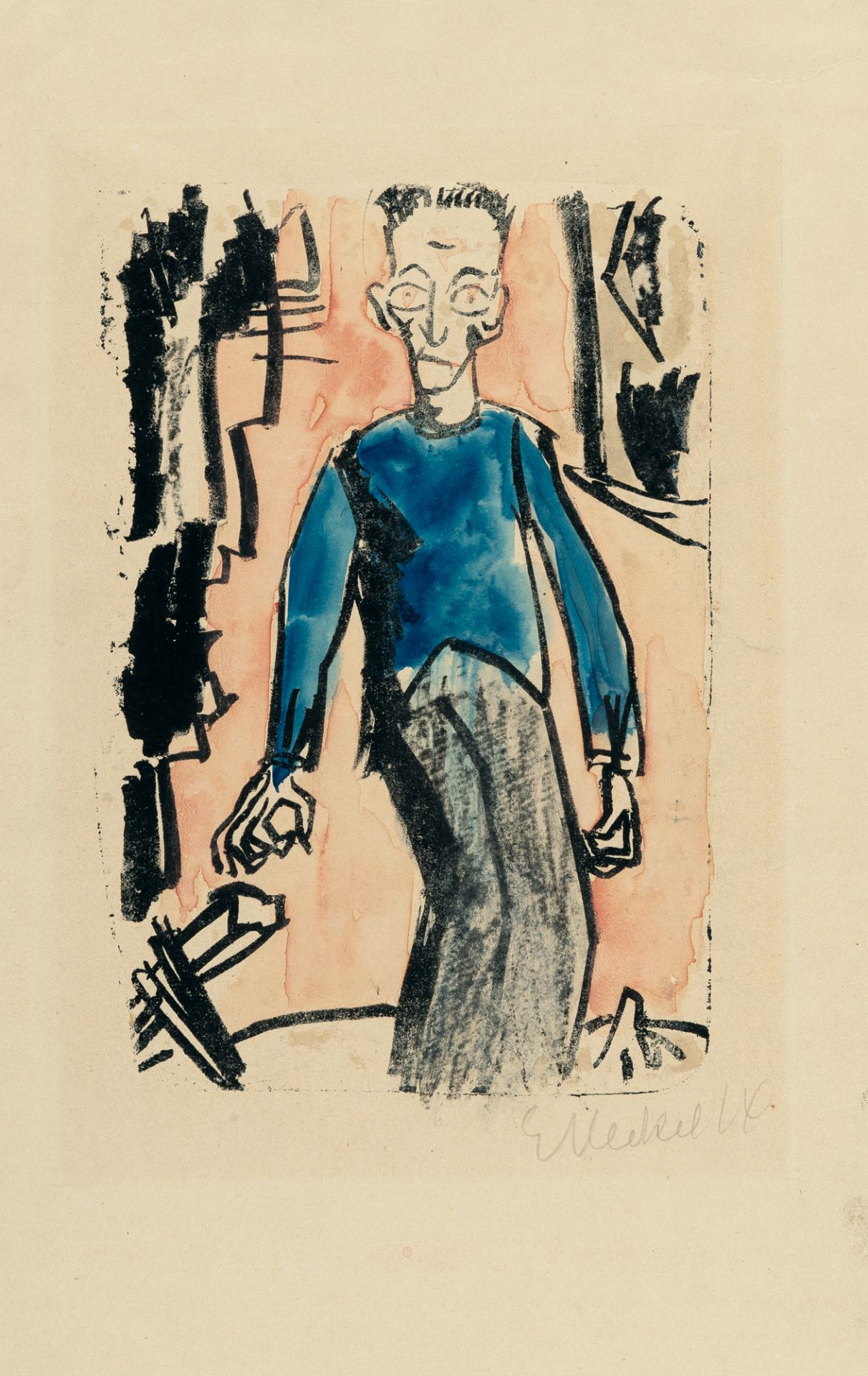 Erich Heckel, Fear.Hand coloured lithograph on cream wove. (19)14. Ca. 21.5 x 14.5 cm (sheet size