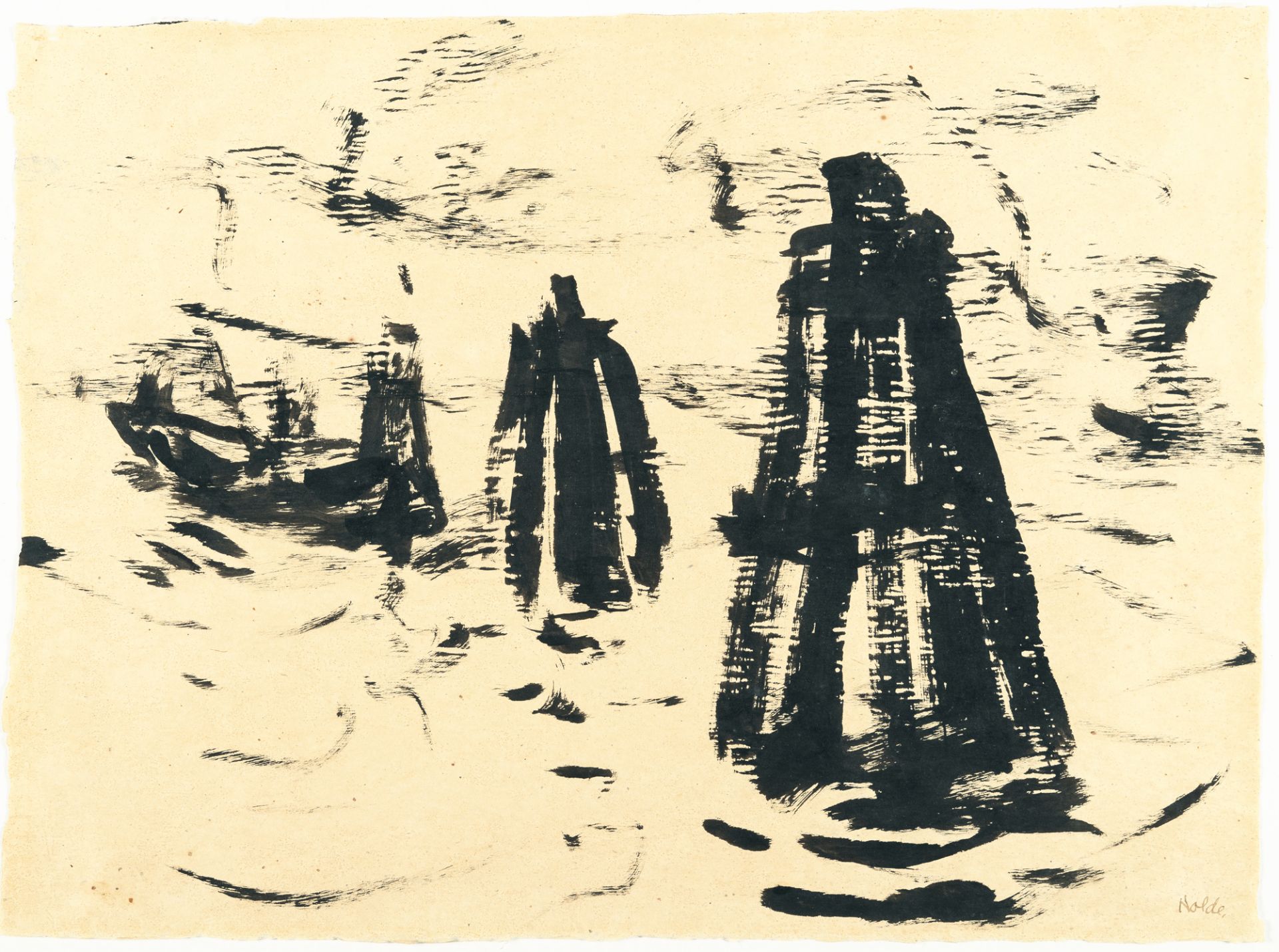 Emil Nolde, Hamburg harbour, tugs and piles.Indian ink on cream Japon. (Ca. 1910). Ca. 32 x 43.5 cm. - Image 2 of 5