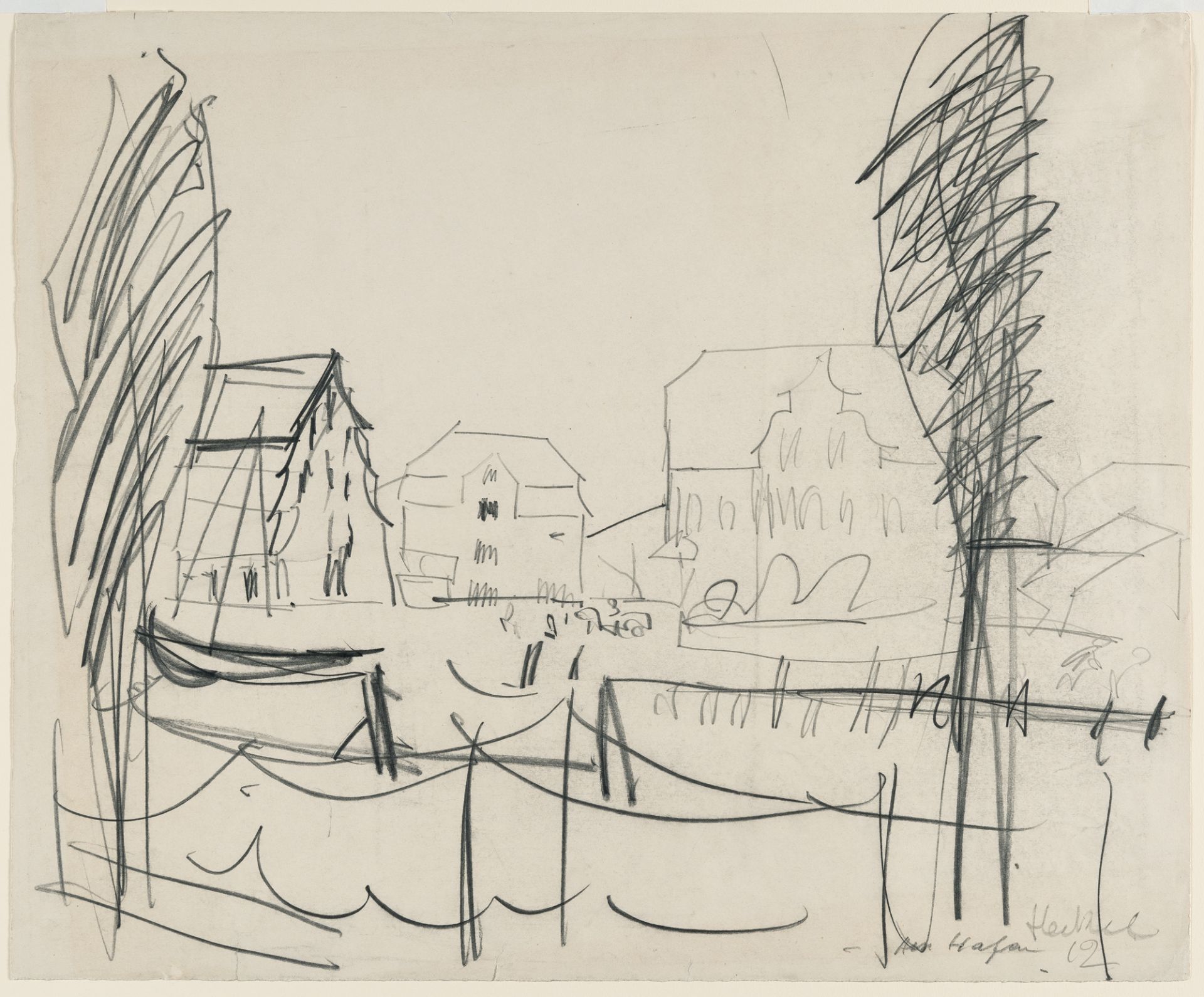 Erich Heckel, „Am Hafen“ (At the harbour).Pencil on cream wove. (19)22. Ca. 37 x 44.5 cm. Signed, - Image 2 of 3