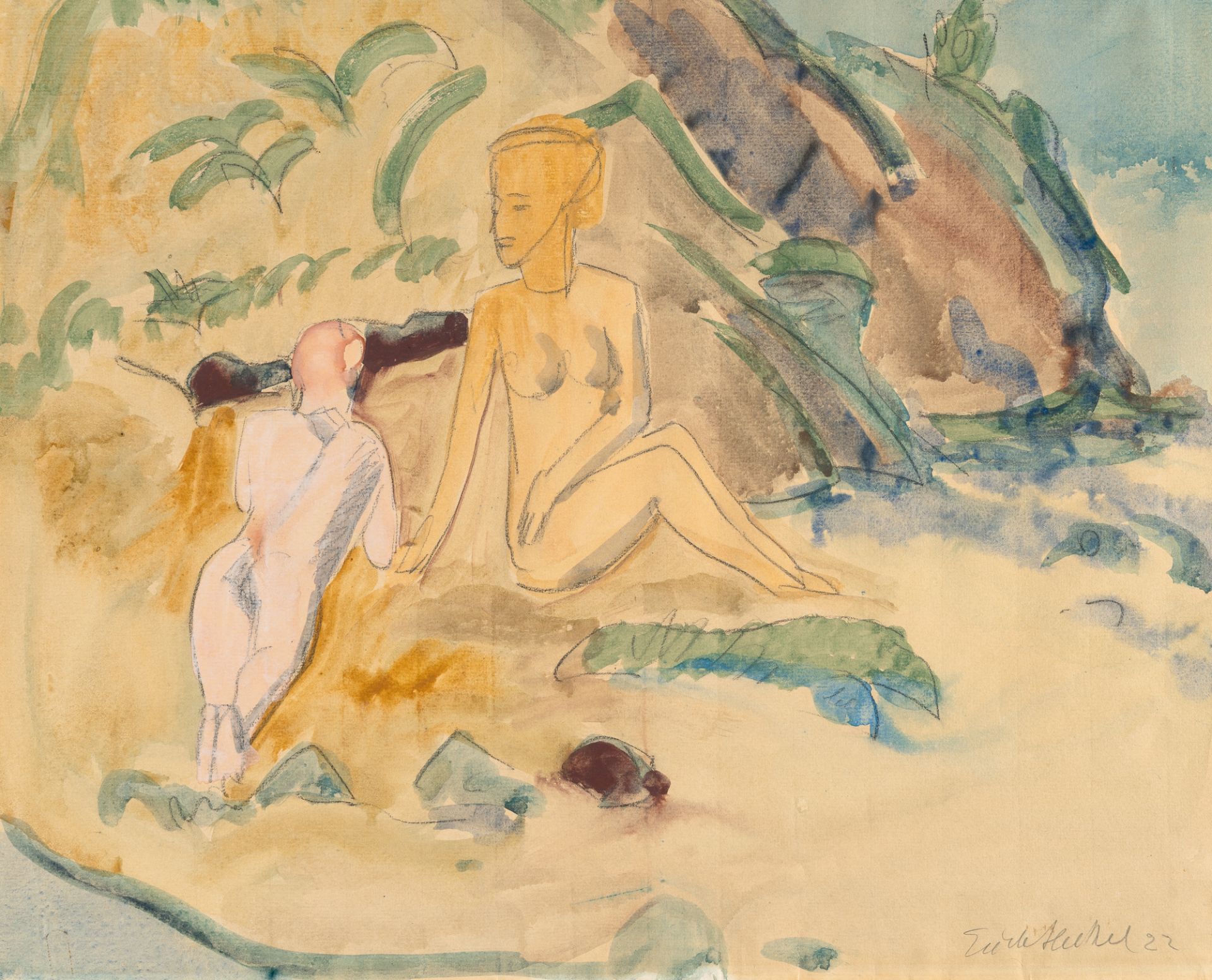 Erich Heckel, Two nudes at the beach (Seated and lying nudes on the beach).Watercolour, gouache