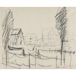 Erich Heckel, „Am Hafen“ (At the harbour).Pencil on cream wove. (19)22. Ca. 37 x 44.5 cm. Signed,