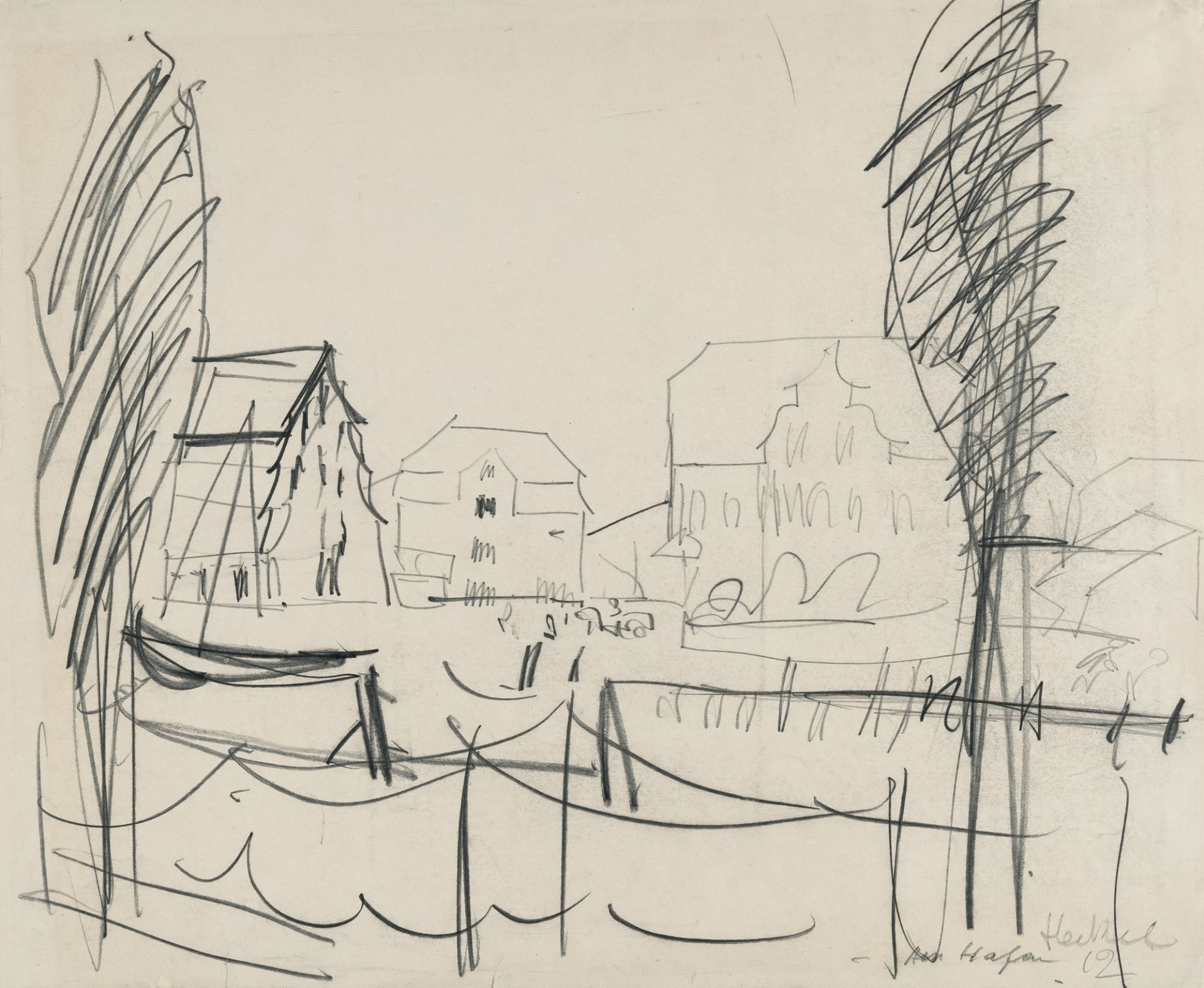 Erich Heckel, „Am Hafen“ (At the harbour).Pencil on cream wove. (19)22. Ca. 37 x 44.5 cm. Signed,