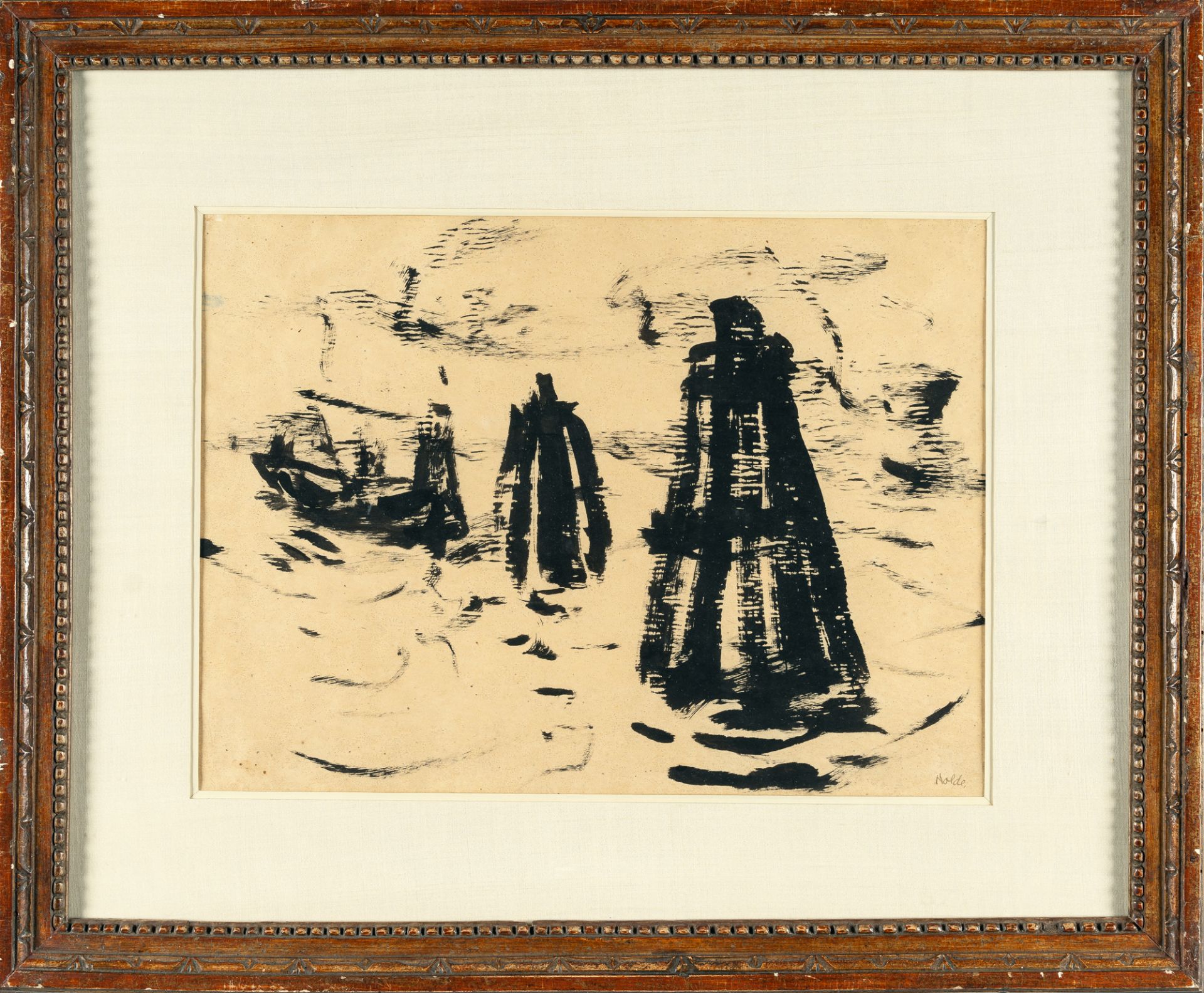 Emil Nolde, Hamburg harbour, tugs and piles.Indian ink on cream Japon. (Ca. 1910). Ca. 32 x 43.5 cm. - Image 4 of 5
