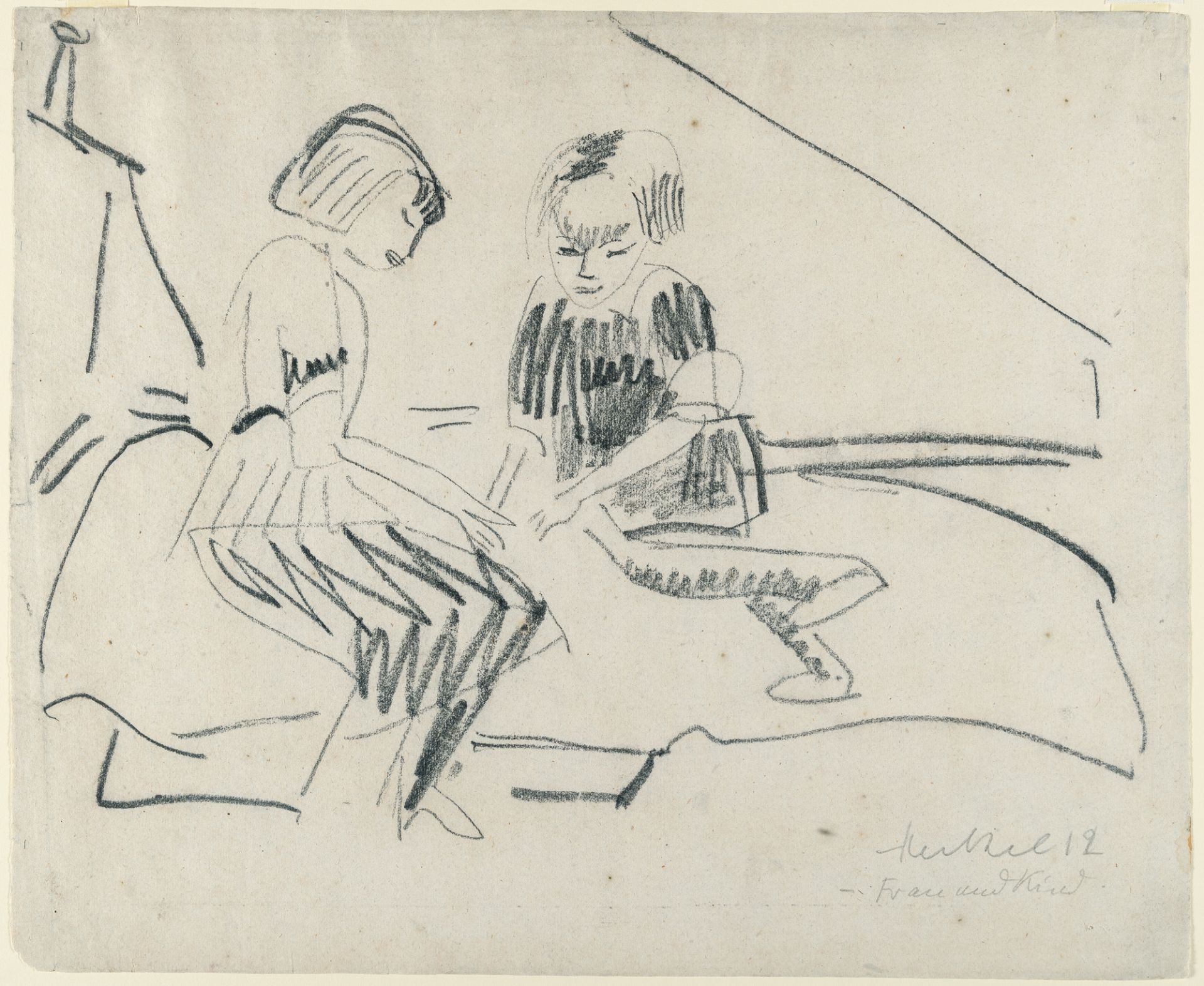 Erich Heckel, „Frau und Kind“ (Woman with child).Chalk on cream laid paper. (19)12. Ca. 38 x 47 - Image 2 of 3