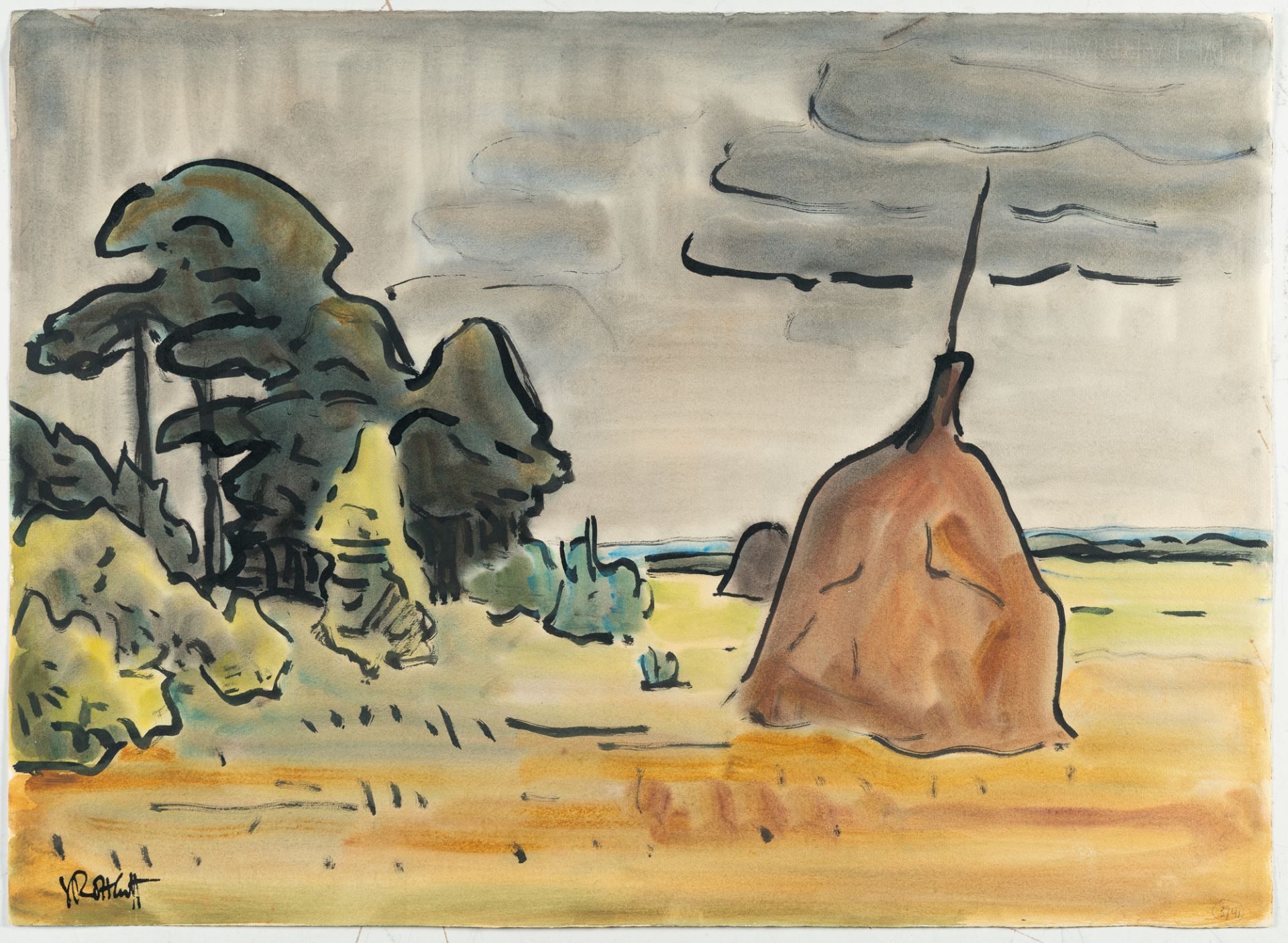 Karl Schmidt-Rottluff, Haystack by the lagoon.Watercolour and brush and Indian ink on wove by CM - Image 2 of 5