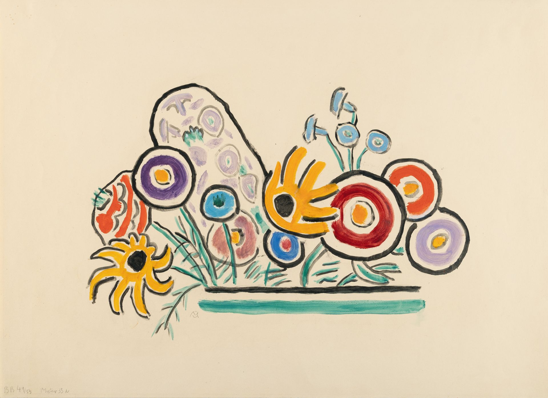 Gabriele Münter, Flower still life.Gouache and Indian ink on cream wove. (1955). Ca. 43 x 59 cm.