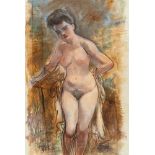 George Grosz, Standing female nude.Oil and gouache on smooth wove. (Around 1940). Ca. 67 x 46 cm.