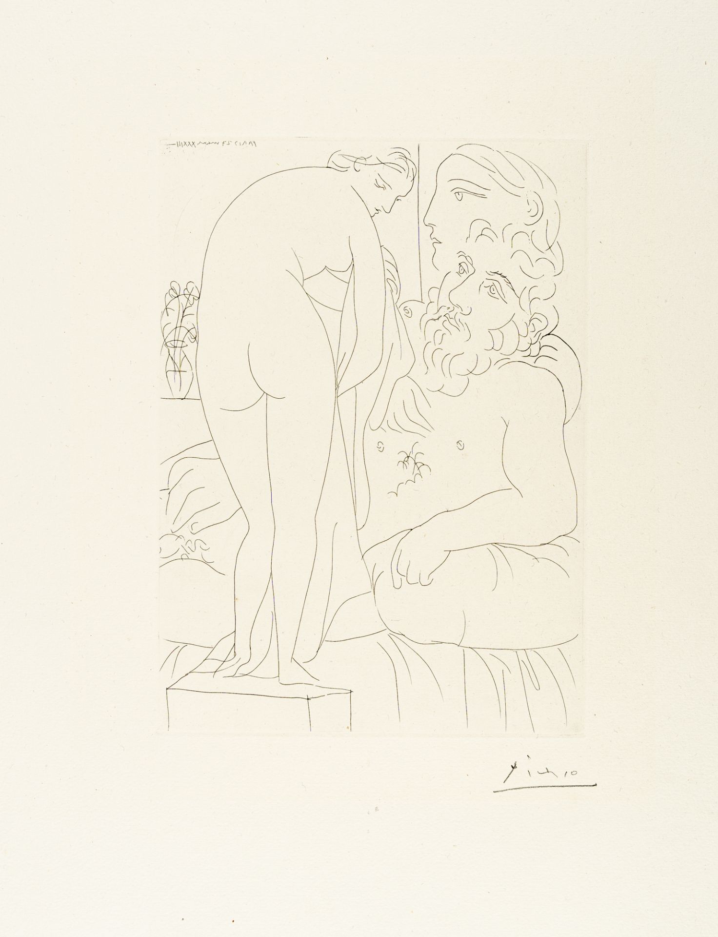 Pablo Picasso, Sculpteur au repos avec Marie-Thérèse et sa représentation en Vén.Etching on laid