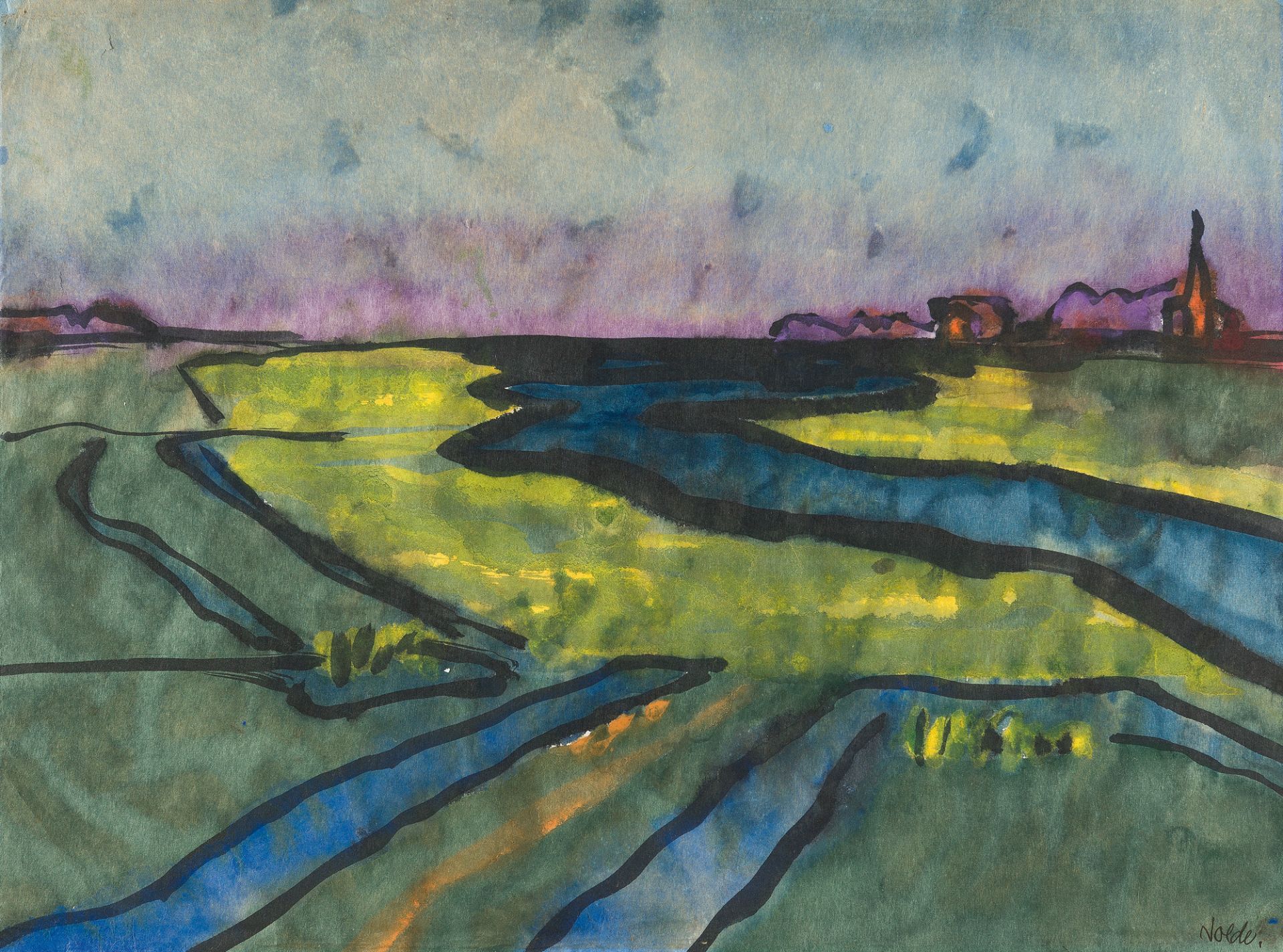 Emil Nolde, Marsh landscape.Watercolour and Indian ink on Japanese laid paper. (Around 1920/22). Ca.
