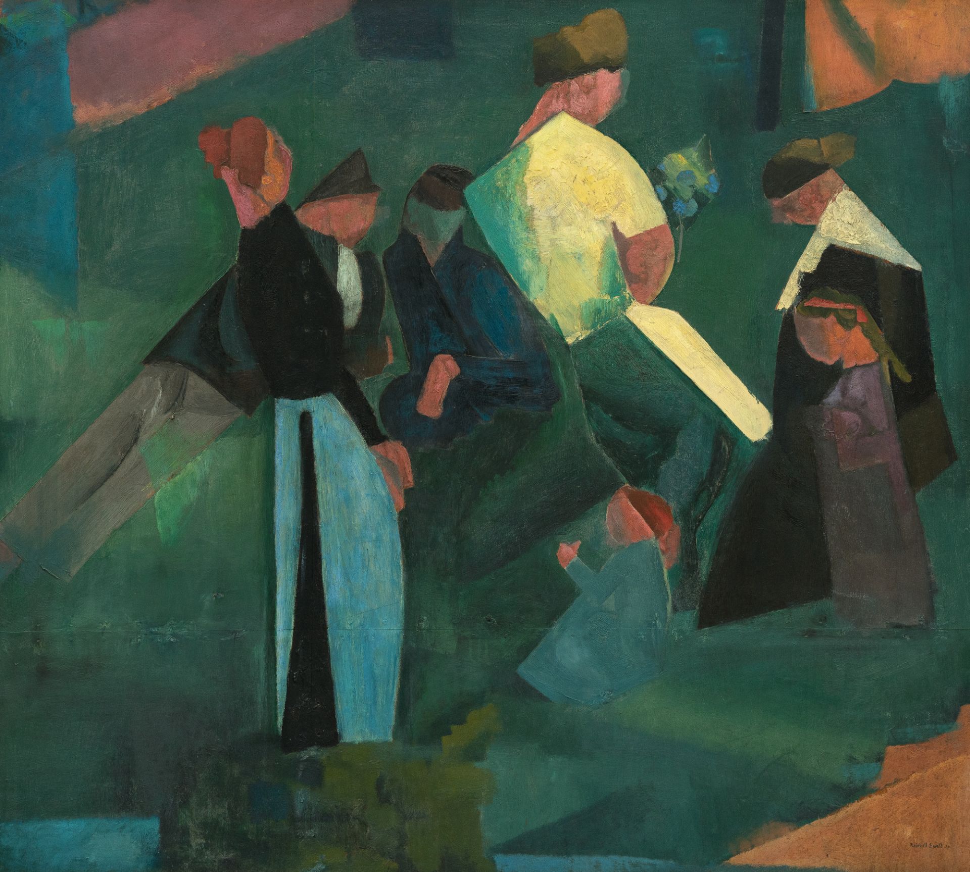 Reinhold Ewald, Cubist picnic.Oil on panel. (19)20. Ca. 140 x 150 cm. Signed and dated lower right.