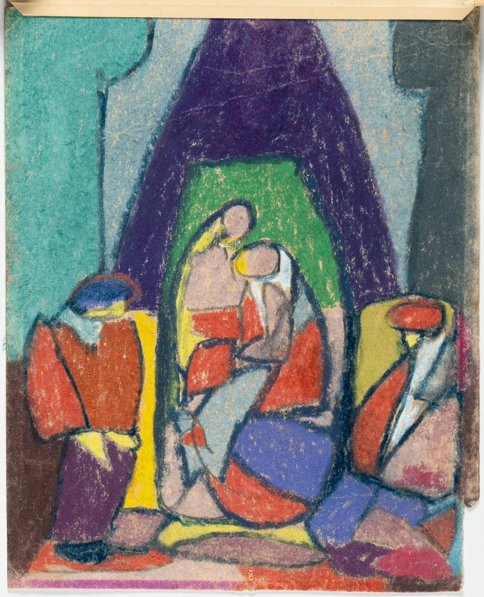 Adolf Hölzel, Figural group (Holy family).Pastel on brownish paper. (1920s). Ca. 29.5 x 24 cm. We - Image 2 of 4