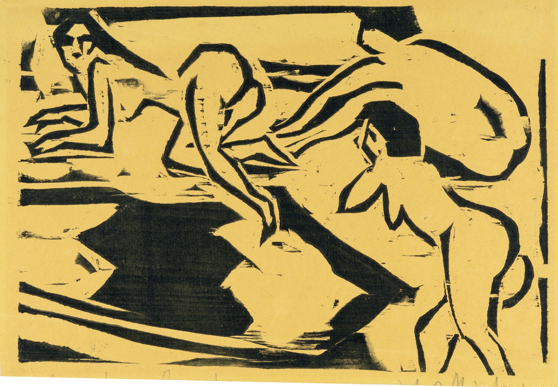 Ernst Ludwig Kirchner, Nudes on a carpet.Woodcut on yellow wove. (1910). Ca. 21.5 x 32.5 cm (sheet