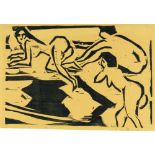 Ernst Ludwig Kirchner, Nudes on a carpet.Woodcut on yellow wove. (1910). Ca. 21.5 x 32.5 cm (sheet