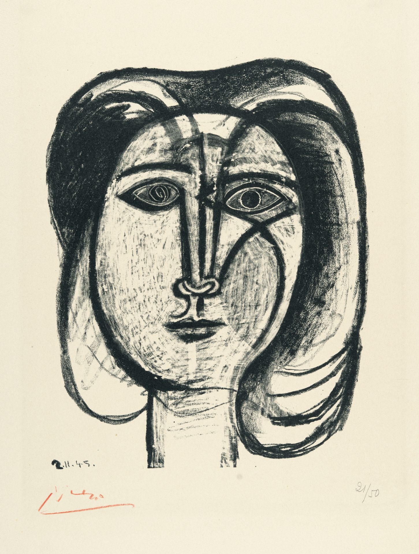 Pablo Picasso, Tête de femme.Lithograph on cream wove by Arches. (1945). Ca. 31 x 24 cm (sheet
