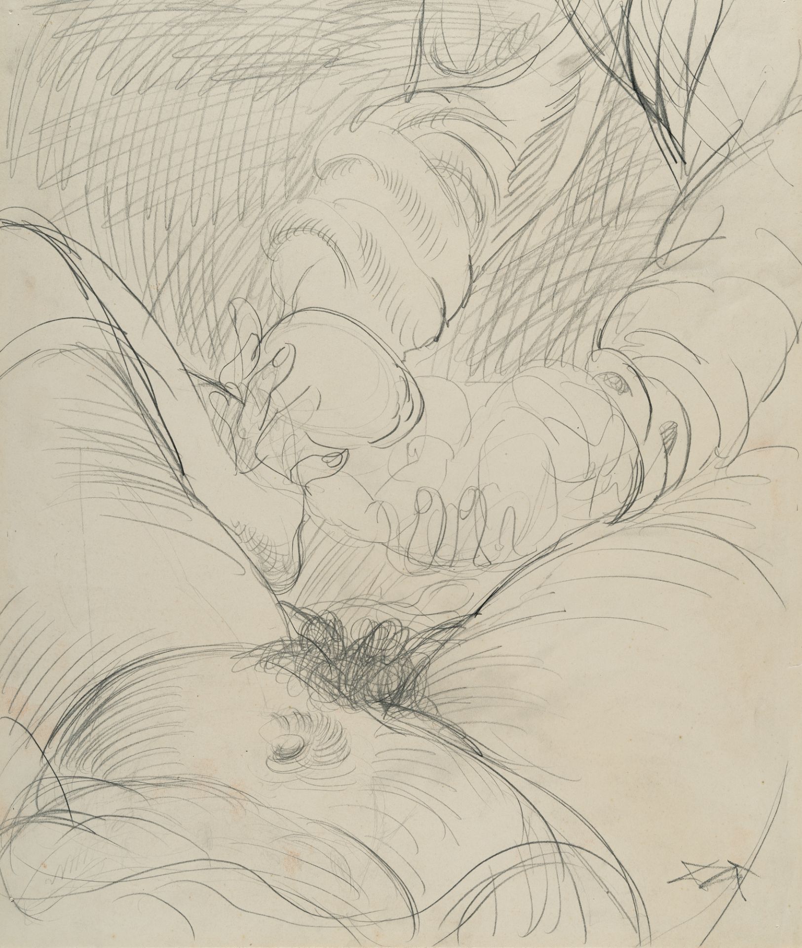 Otto Dix, Birth I – Study for the painting "Birth".Pencil on wove. (1927). Ca. 45 x 38 cm. Signed