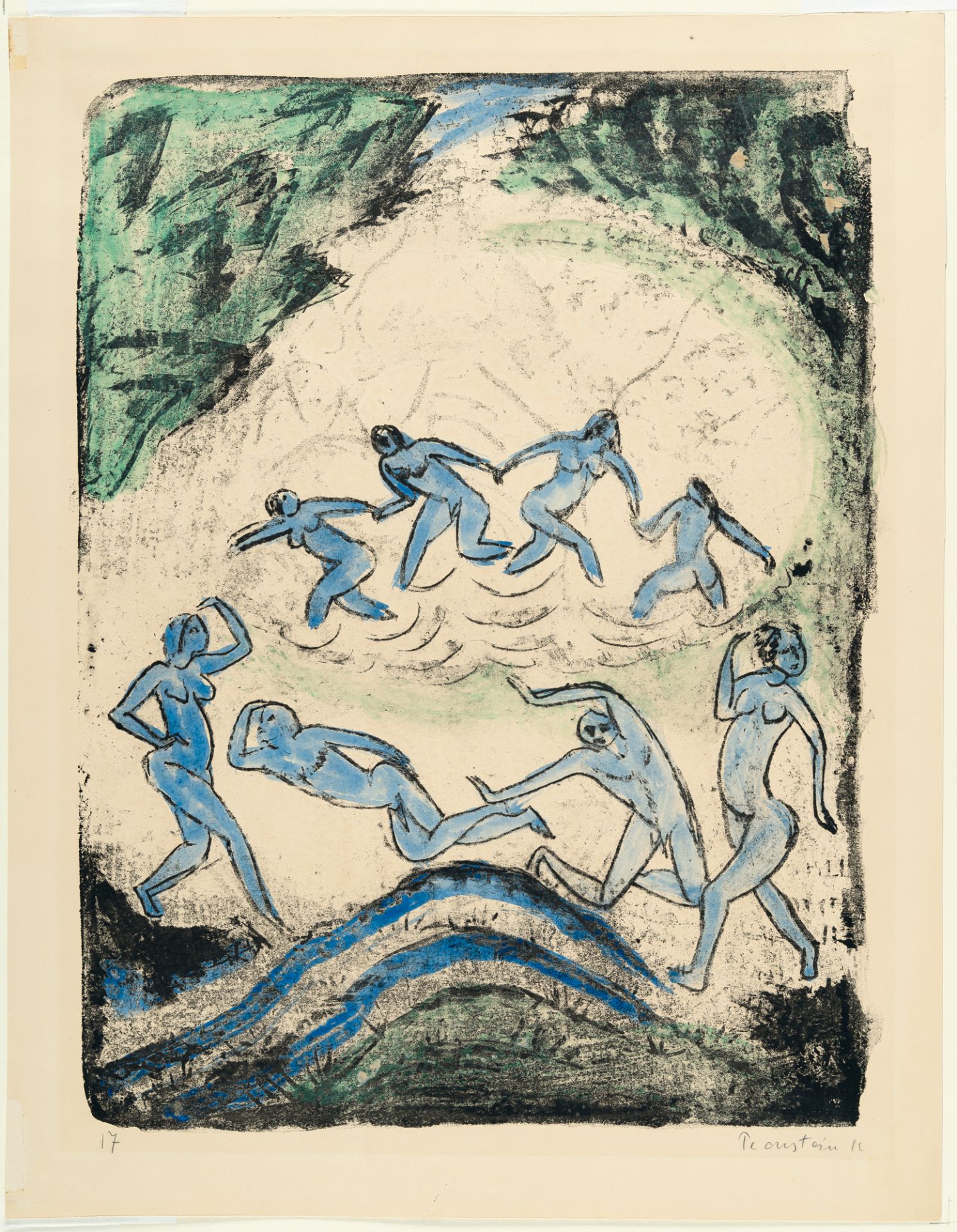 Hermann Max Pechstein, The dance (Figures dancing and bathing by a forest pool).Hand coloured - Image 2 of 3