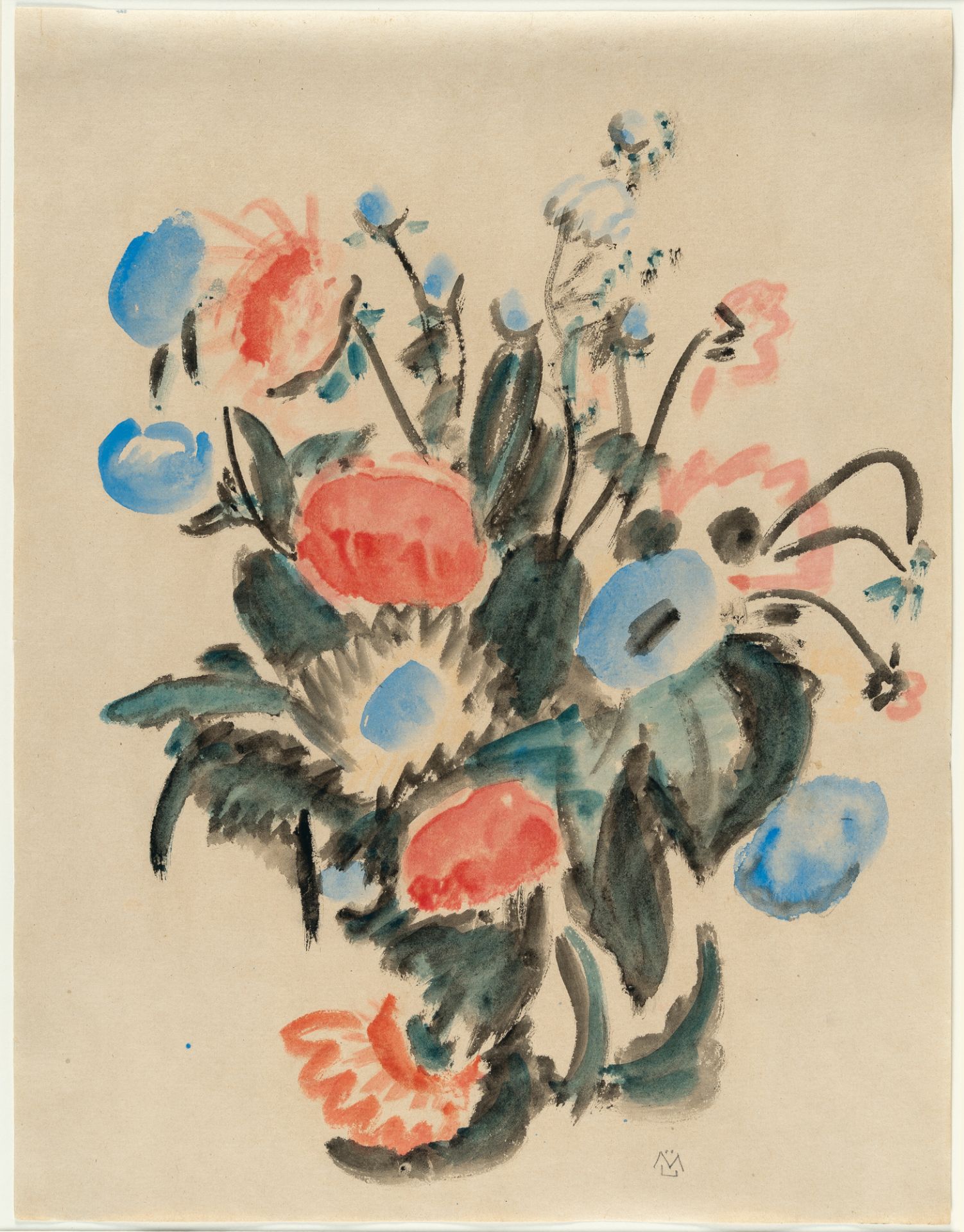 Gabriele Münter, Flower still life.Watercolour on brownish drawing paper. (Presumably 1940s/50s). - Image 2 of 5