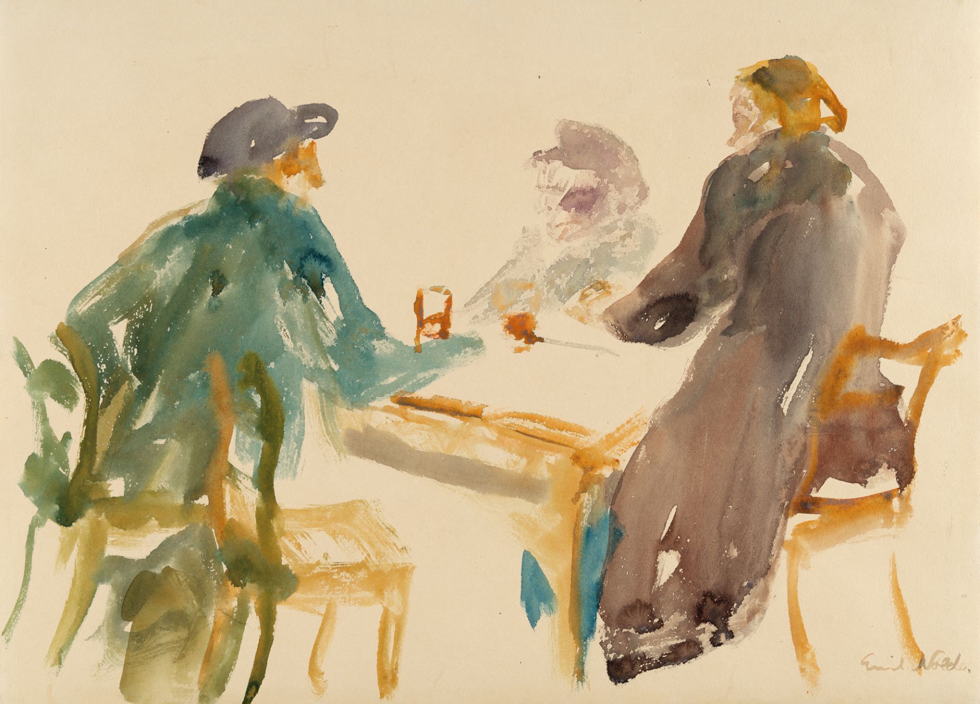 Emil Nolde, Tavern scene (Cospeda).Watercolour on cream wove. (1908). Ca. 36 x 49 cm. Signed lower