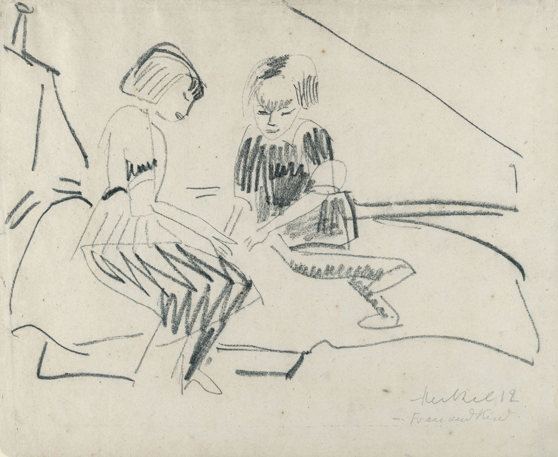 Erich Heckel, „Frau und Kind“ (Woman with child).Chalk on cream laid paper. (19)12. Ca. 38 x 47
